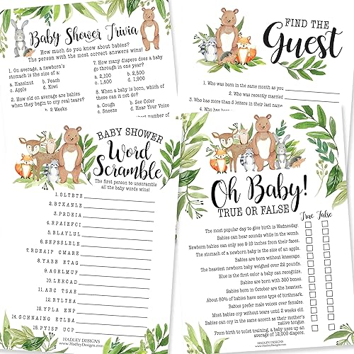 Hadley Designs 25 palabras del bosque para baby shower, 25 juegos verdaderos o falsos, 25 juegos de trivia, 25 encuentran al invitado - 4 tarjetas
