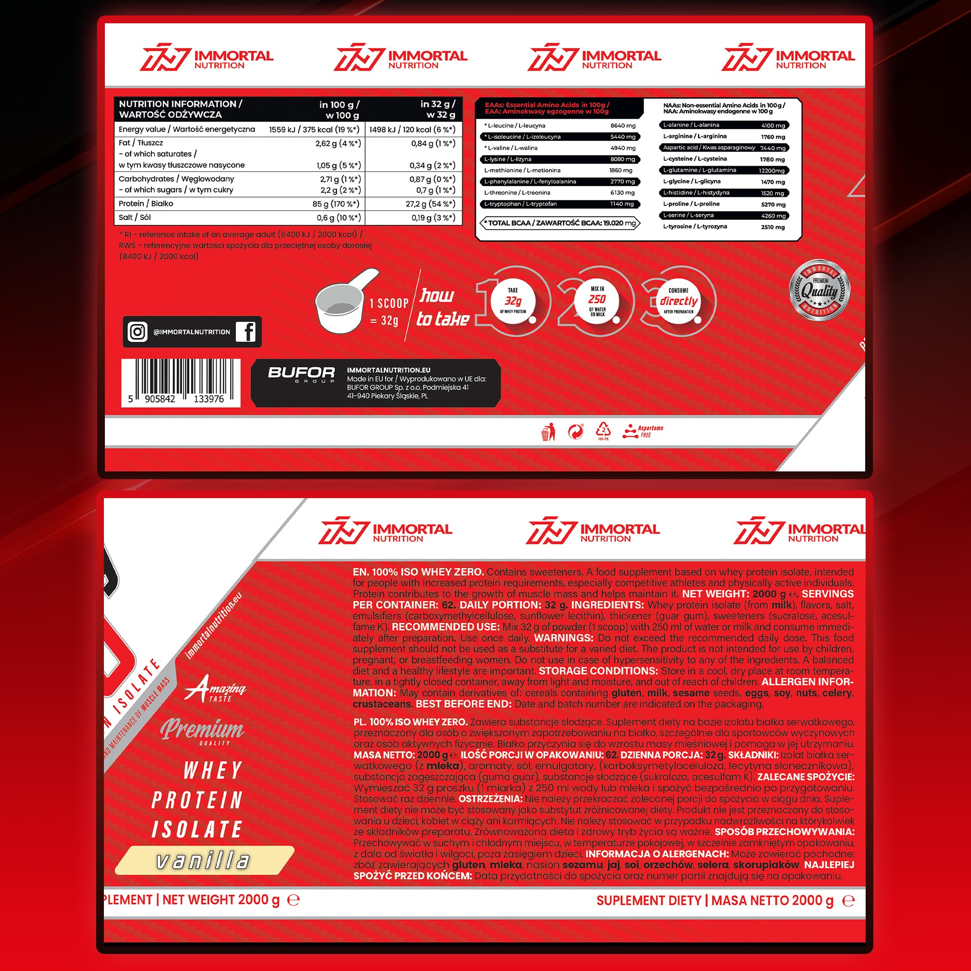 IMMORTAL NUTRITION 100% ISO Whey Zero Izolat Białka Serwatkowego - Izolat w proszku z 27,2 g białka na porcję - 85% zawartości białka - Niska zawartość cukru i tłuszczu (2 kg, Wanilia)