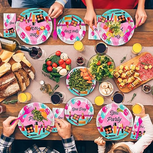 Miniatura 7 de Juego de 96 platos y servilletas para fiesta de spa, suministros de fiesta de maquillaje para niñas y niños, decoración para niñas, niños, princesa,