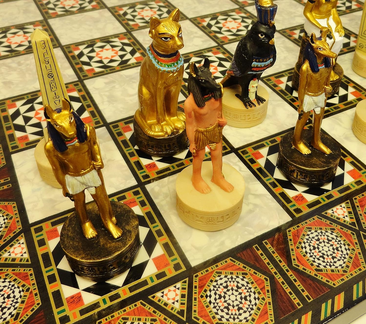 Egyptian Anubis Chess Set Buff and Gold Men with 17 inch Mosaic Color Board
