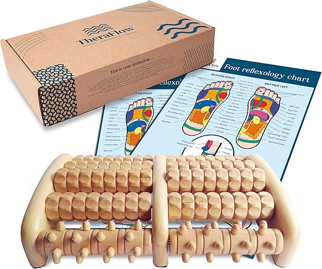 TheraFlow Large Foot Massager Roller (L) - Plantar Fasciitis & Stress Relief, Heel, Arch Pain, Muscle Aches - Relaxation Gifts for Women - Shiatsu Acupuncture Massage - Myofascial Pain - Wooden