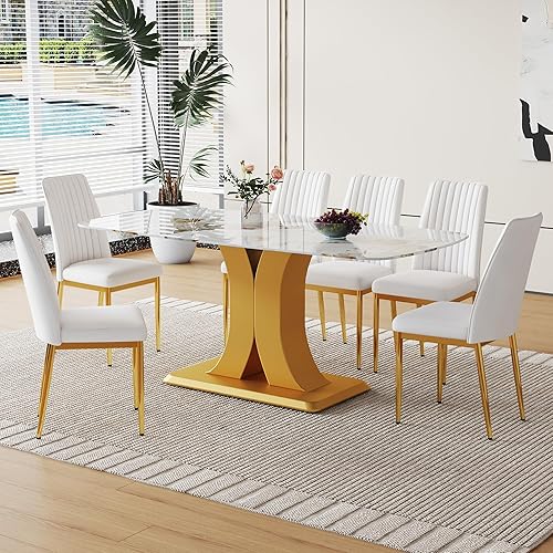 Miniatura 7 de Juego de 6 sillas de comedor modernas, juego de 6 sillas de comedor de cocina, juego de 6 sillas de comedor tapizadas de piel sintética blanca