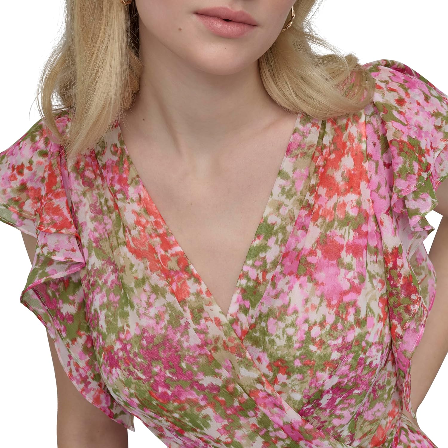 DKNY Women's Short Flutter Sleeve Surplice Neck Removable Belt Faux Wrap Dress - Image 5