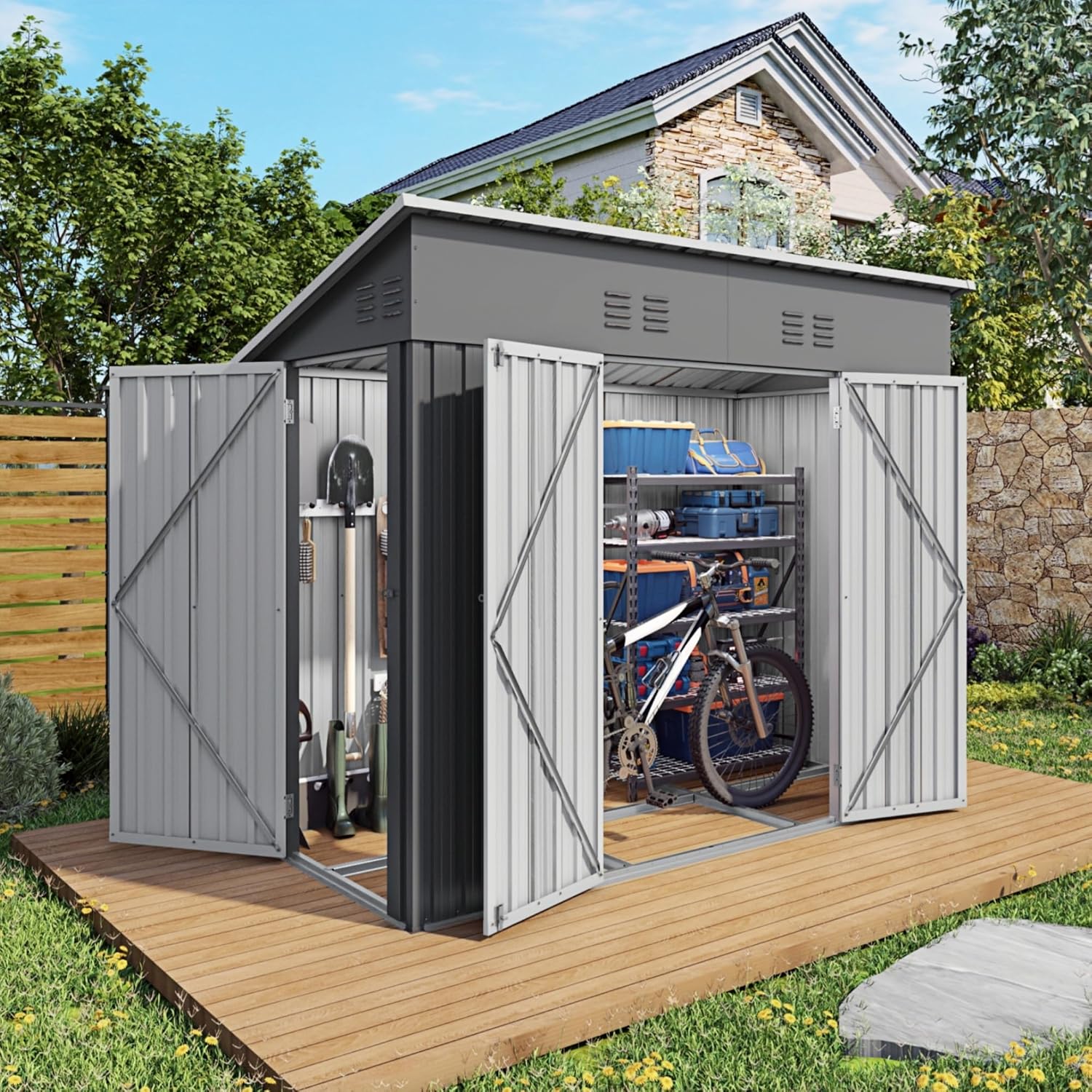 8x4 FT Outdoor Storage Shed with Base Frame, Galvanized Steel Garden Shed with Dual Lockable Doors, Air Vent & Sloped Roof for Bikes & Backyard Use