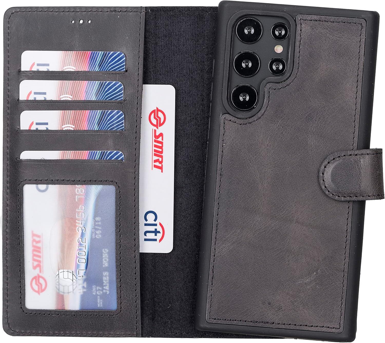 HARDISTON Leather Wallet Case Compatible with Samsung Galaxy S22 Ultra - Handmade Detachable Strong Magnetic Flip Cover with Card Holders and Kickstand - Perfect Protection for All Edges (Black)