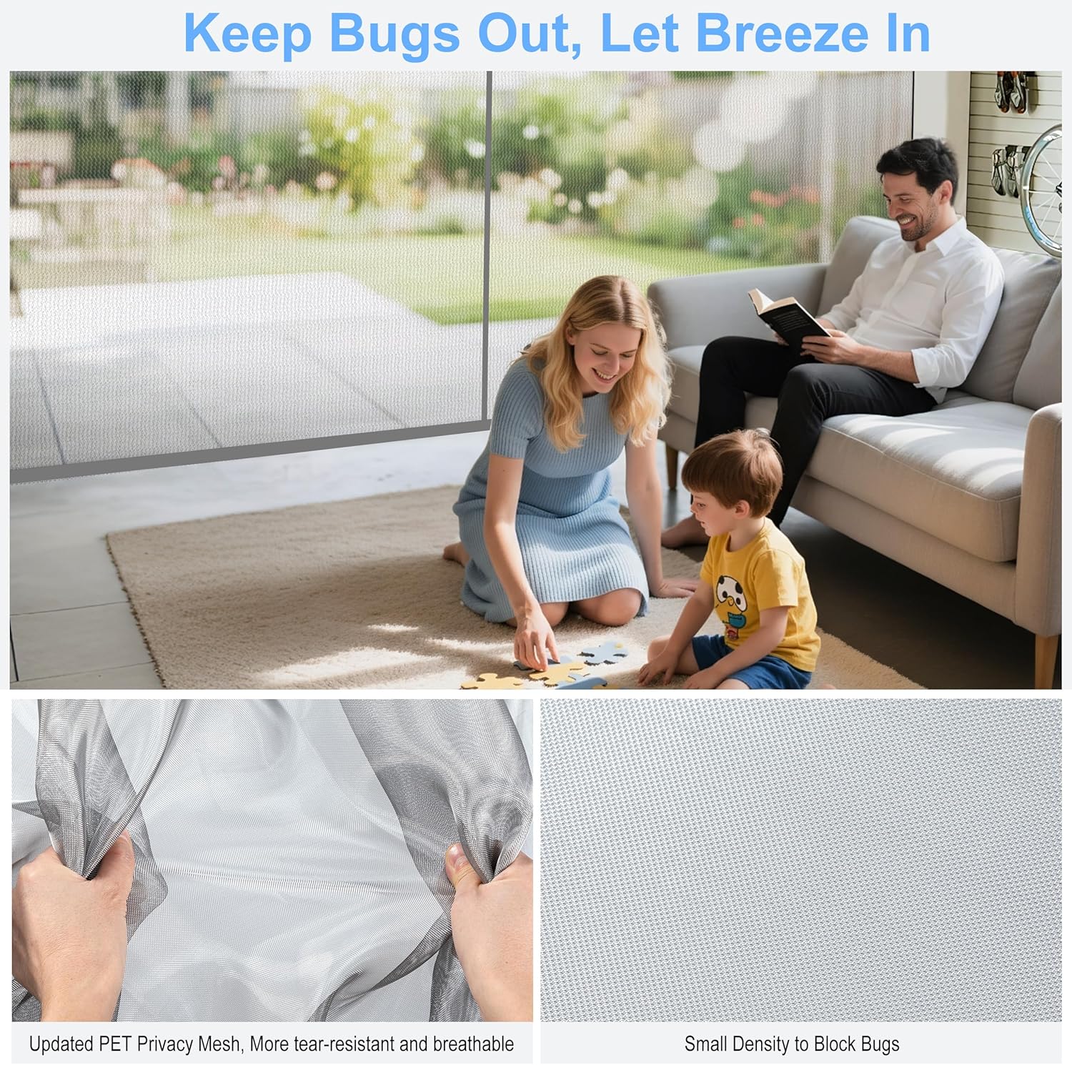 HBlife Privacy Garage Door Screen for 2 Car Garage, 16x7FT Heavy Duty Magnetic Garage Screen Door Mesh, Hands Free Retractable Garage Net Screen with 6 Roll Up Starps and 26 Magnets, Silver Grey