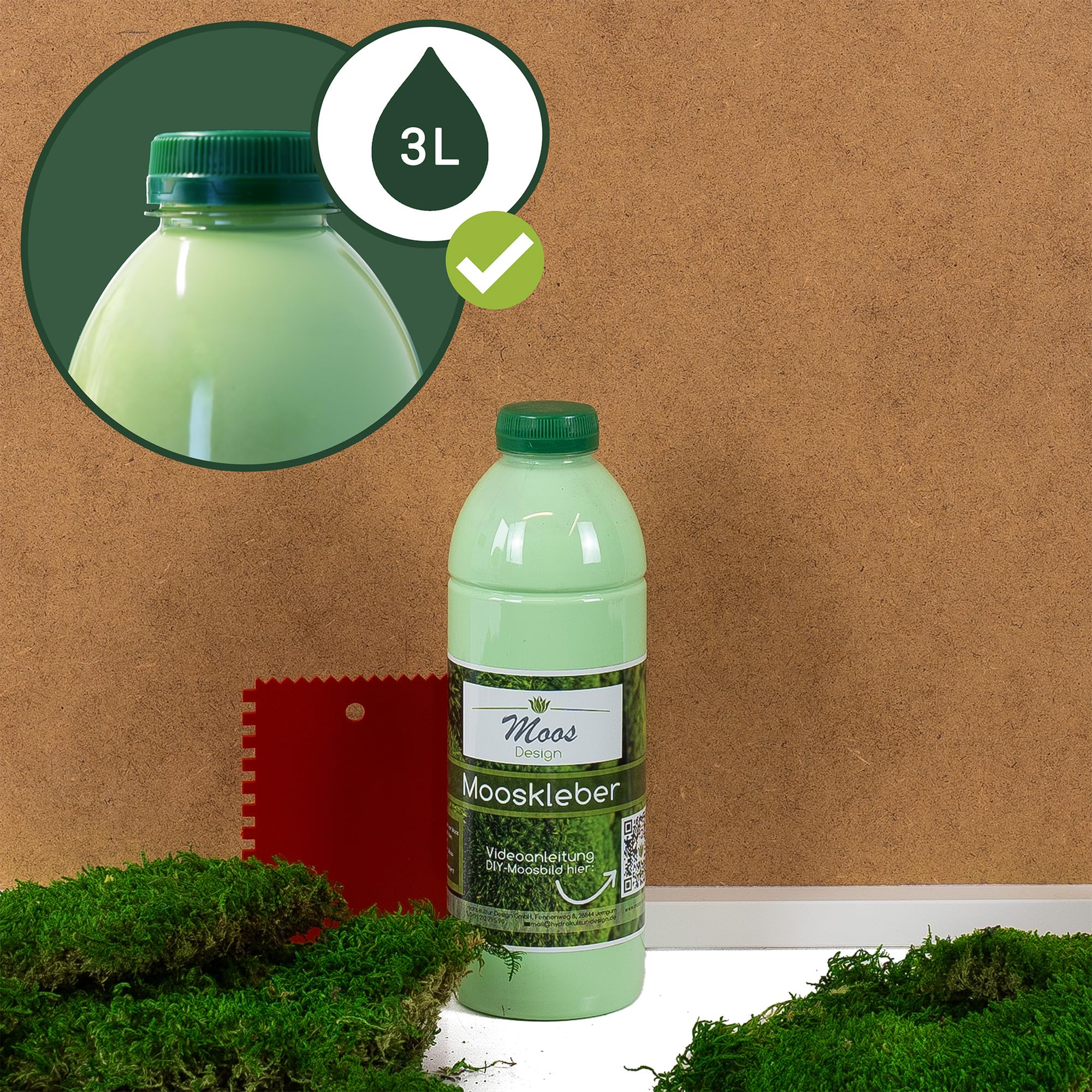 Moos Design | Colla per muschio 3 L | Colla liquida per quadri, pareti e floristica | Asciugatura lenta per regolazione facile | Idrosolubile, forte tenuta, facile da usare