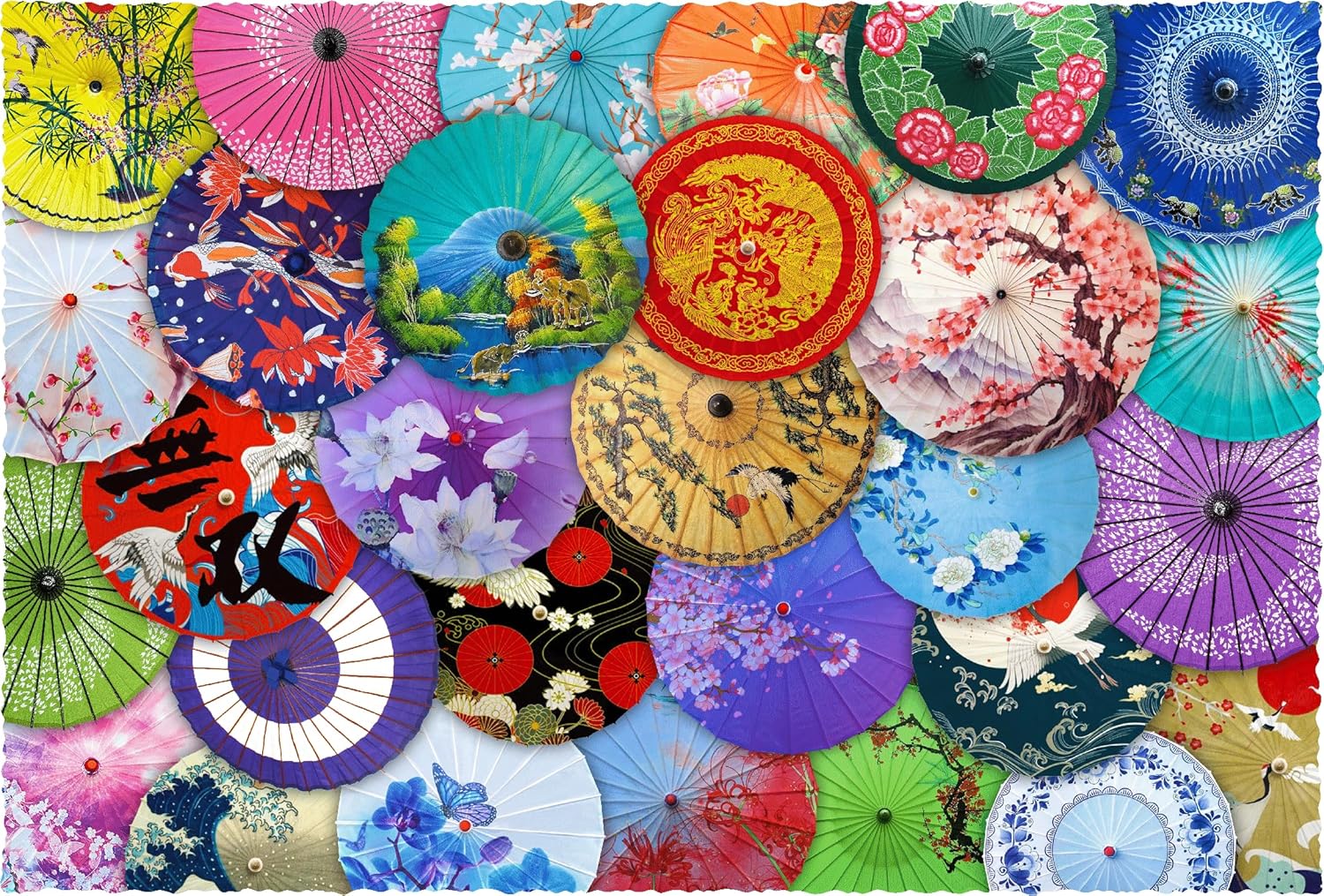 Paper Umbrellas (501 Piece Wooden Jigsaw Puzzle). Made in The USA by Nautilus Puzzles