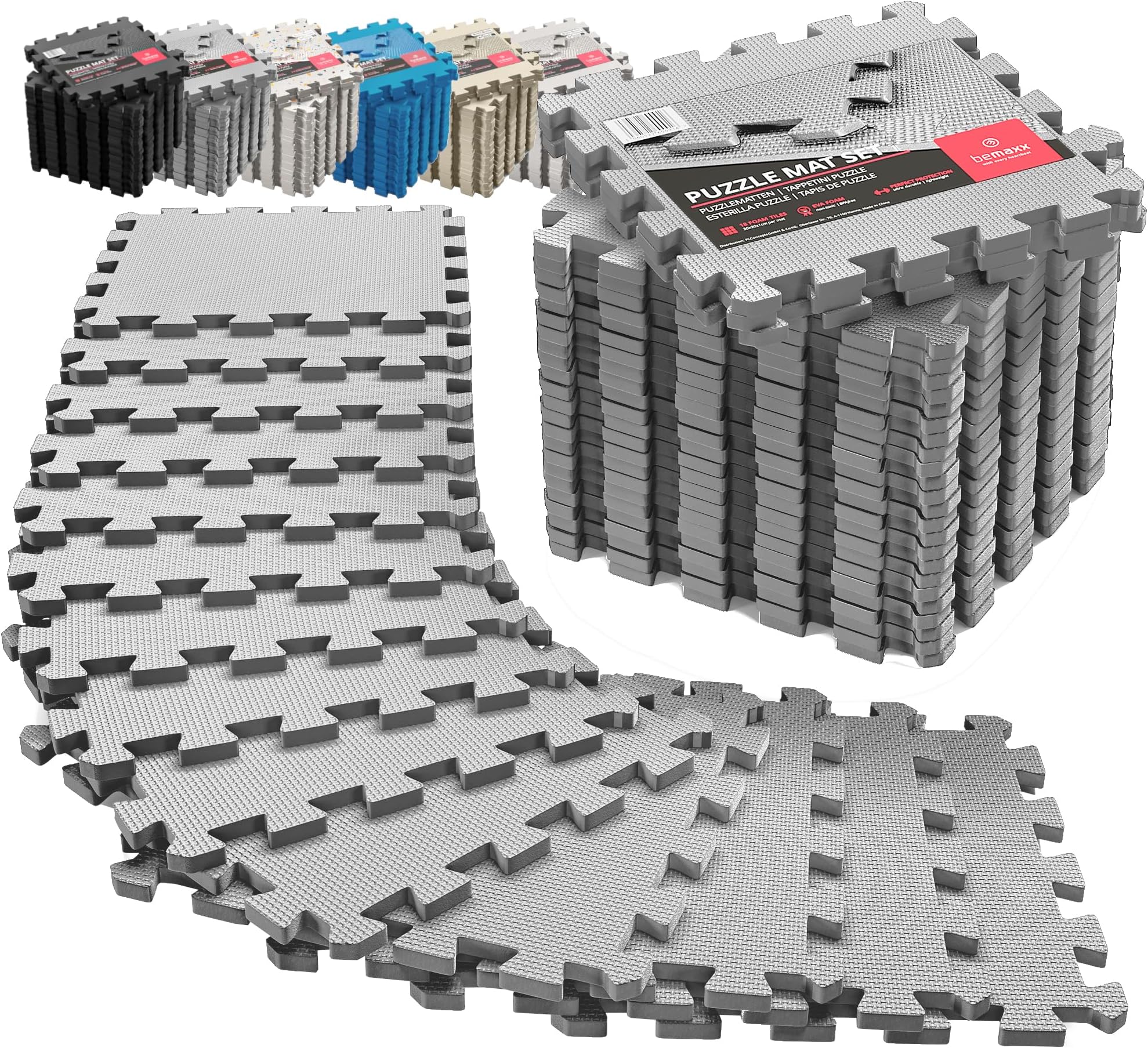 BeMaxx Gym Flooring Set - Interlocking EVA Soft Foam Floor Mat, 18 Pieces Puzzle Rubber Tiles Protective Ground Surface Protection, Play Workout Exercise Mats