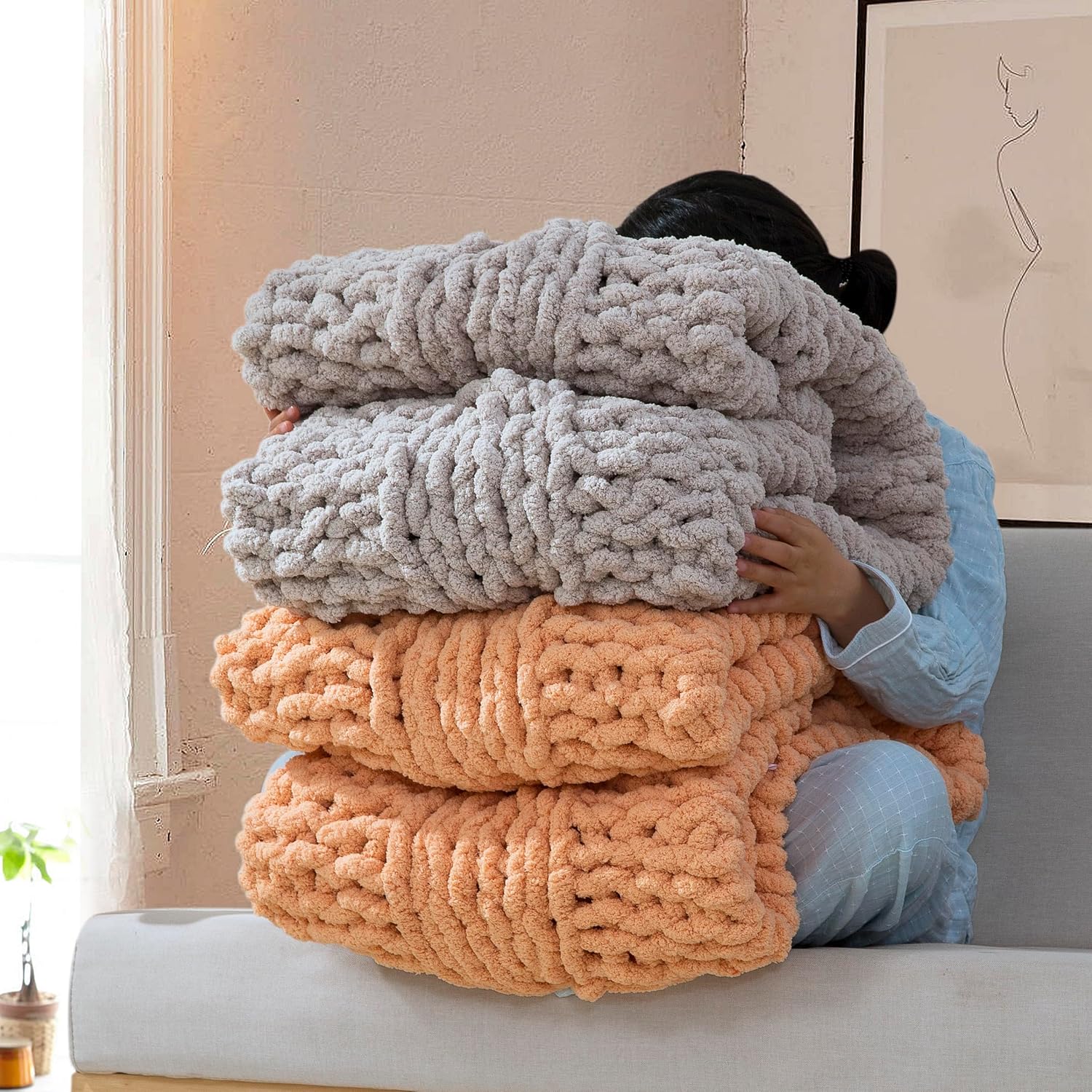 Chunky Knit Blanket Throw - 100% Hand Knitted Thick and Warm Throw for Winter, Linen, 50x60 Inches, Crochet - Image 5