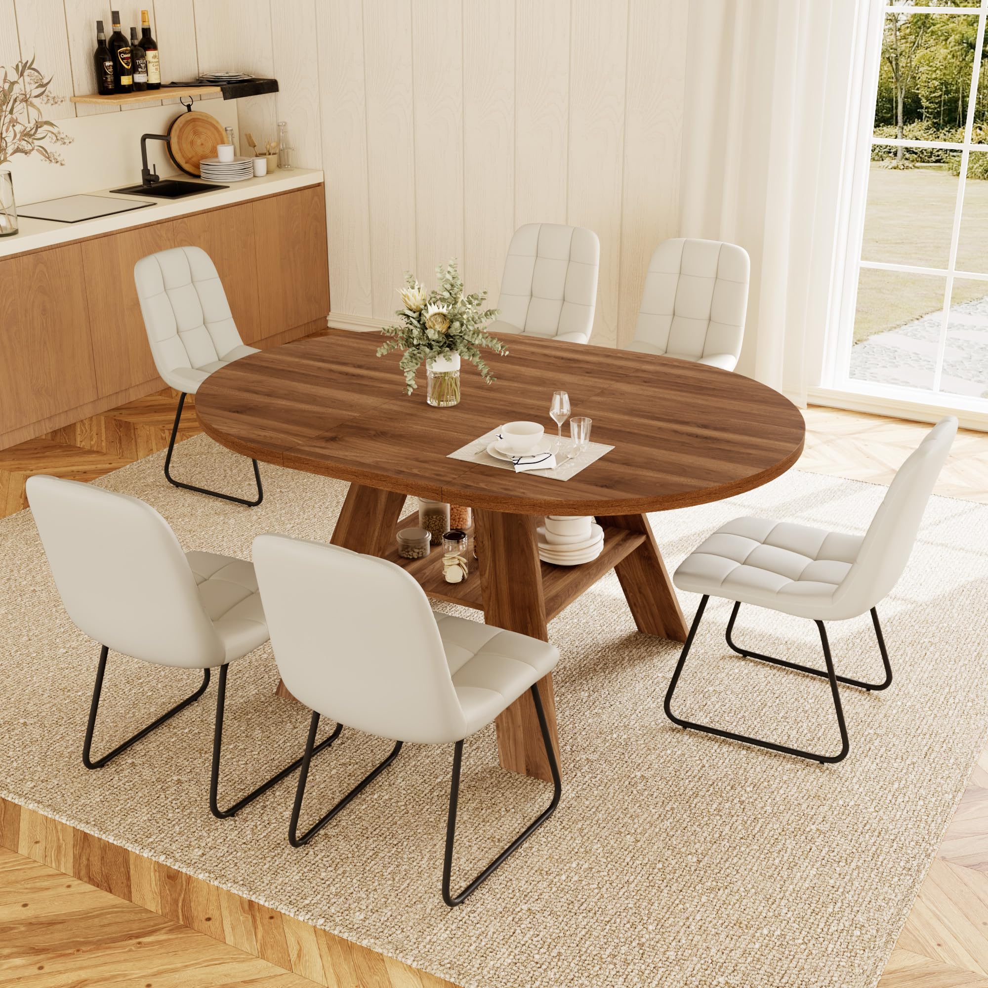 7-Piece Extendable Dining Table Set for 6, 43" Round to 59" Oval Kitchen Table with 6 Upholstered Chairs, Storage Shelf, Modern Farmhouse for Dining