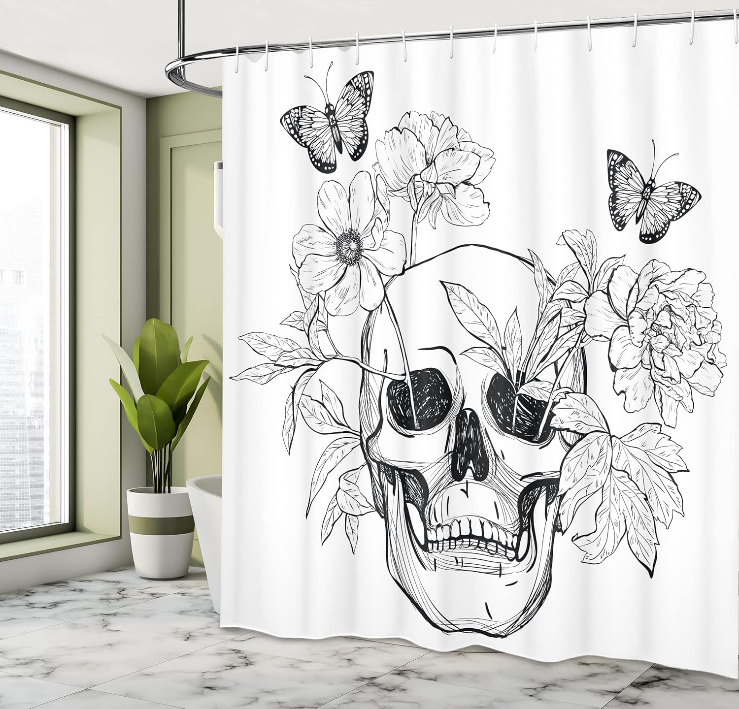Ambesonne Day of The Dead Shower Curtain, Skull with Flower Blooms and Butterflies Vintage Gothic Design Print, Cloth Fabric Bathroom Decor Set with Hooks, 69" W x 75" L, Charcoal Grey White