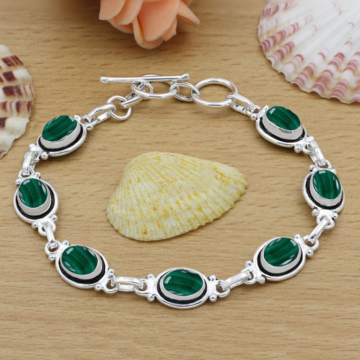 Natural Oval Gemstones Sterling Silver Plated Link Bracelet - Handmade Birthstone Vintage Style Adjustable Bracelets - Women's Jewelry Gift for Mom Wife Sister Grandmother - Image 3