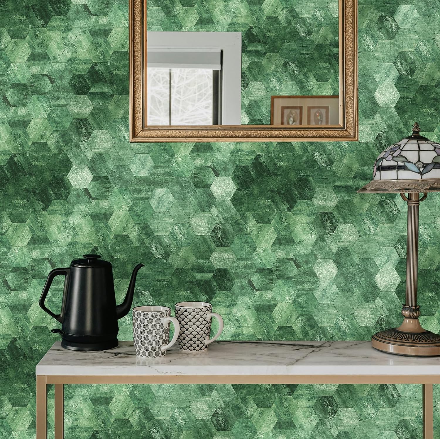 Yipscazo 10 Sheet Hexagon Peel and Stick Backsplash,Self Adhesive Luxury Stainless Tile, Dark Green Wall Tile for Kitchen, Stick on Backsplash Tiles for Bathroom,RV,Laundry