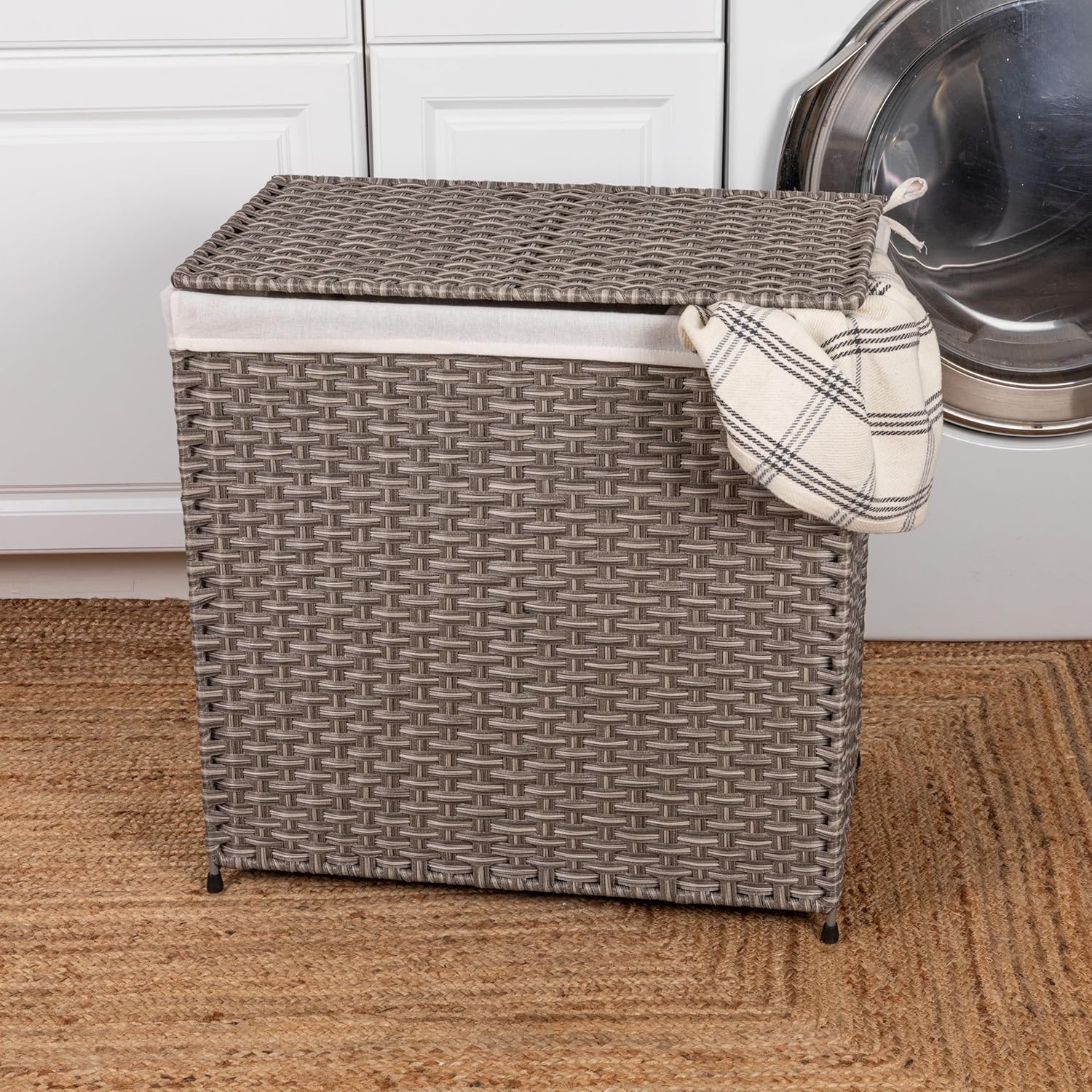 Household Essentials Handwoven Laundry Hamper, Synthetic Rattan Clothes Laundry Basket with Lid and Handles, Gray