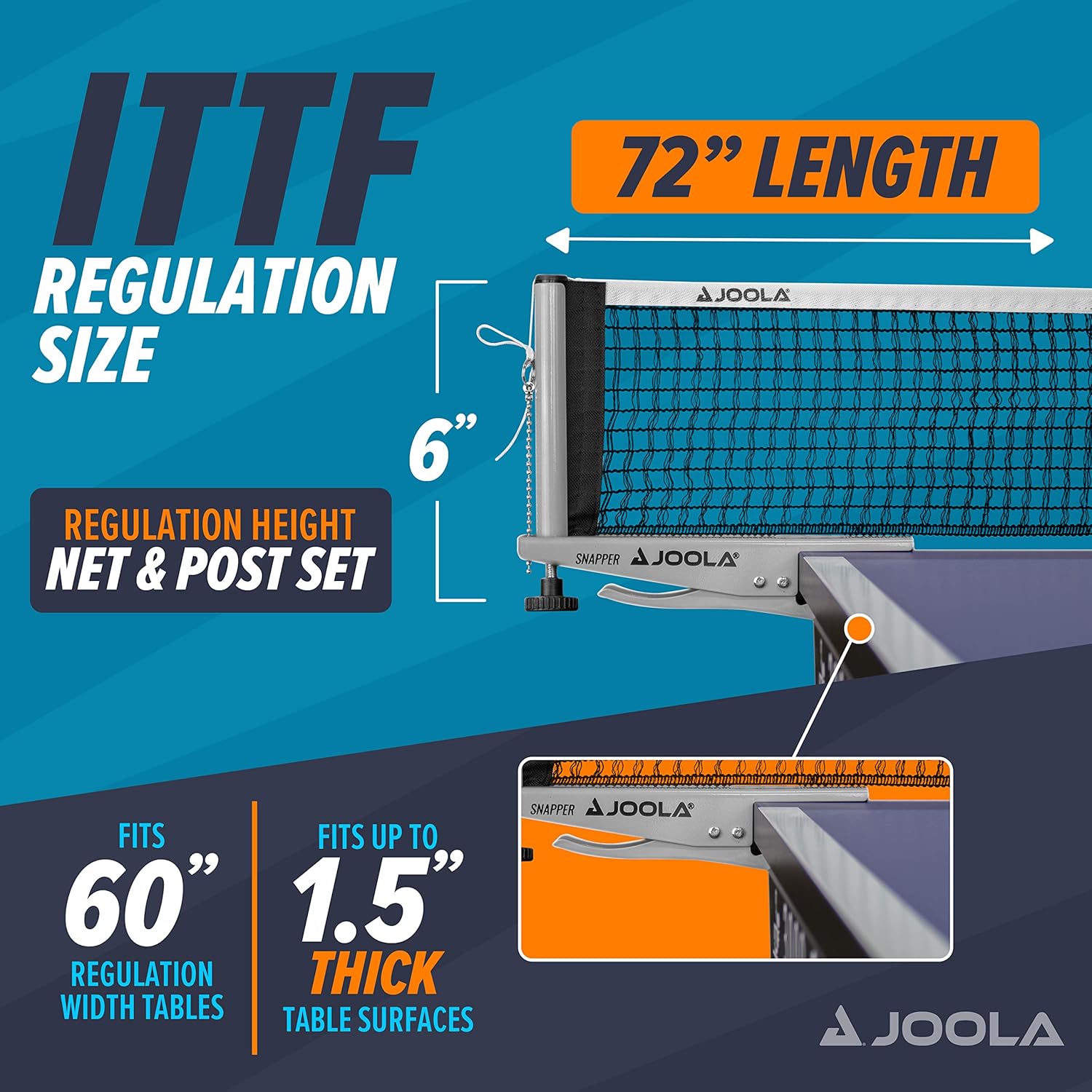 JOOLA Snapper Professional Table Tennis Net and Post Set - Portable and Easy Setup 72" Regulation Size Ping Pong Spring Activated Clamp Net, Silver