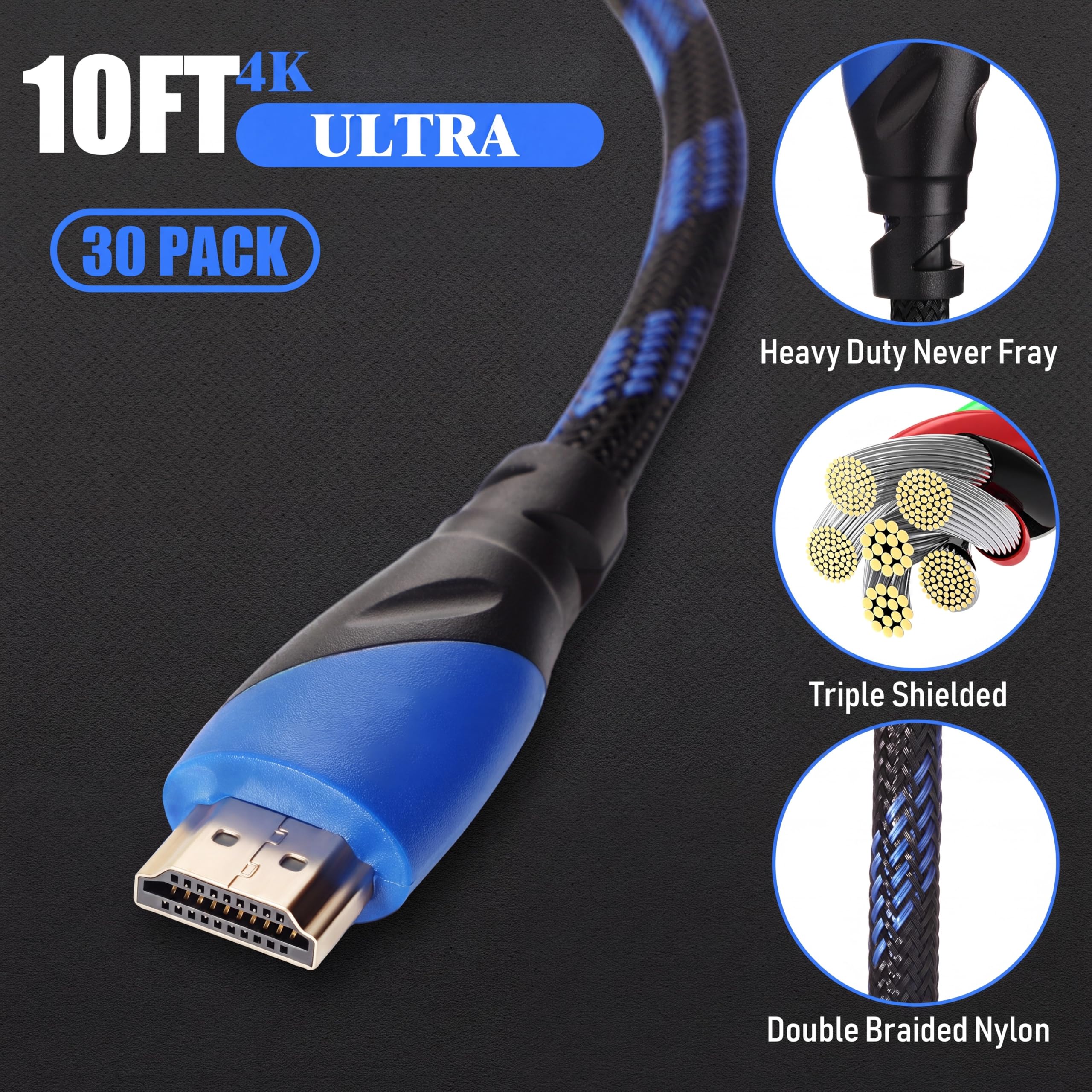 Kanayu Confezione da 30 cavi 4K compatibili con porta HDMI per trasmissione ad alta velocità, cavo intrecciato da 18 Gbps, compatibile con proiettori, PS5, PS4, laptop, monitor, televisione, computer