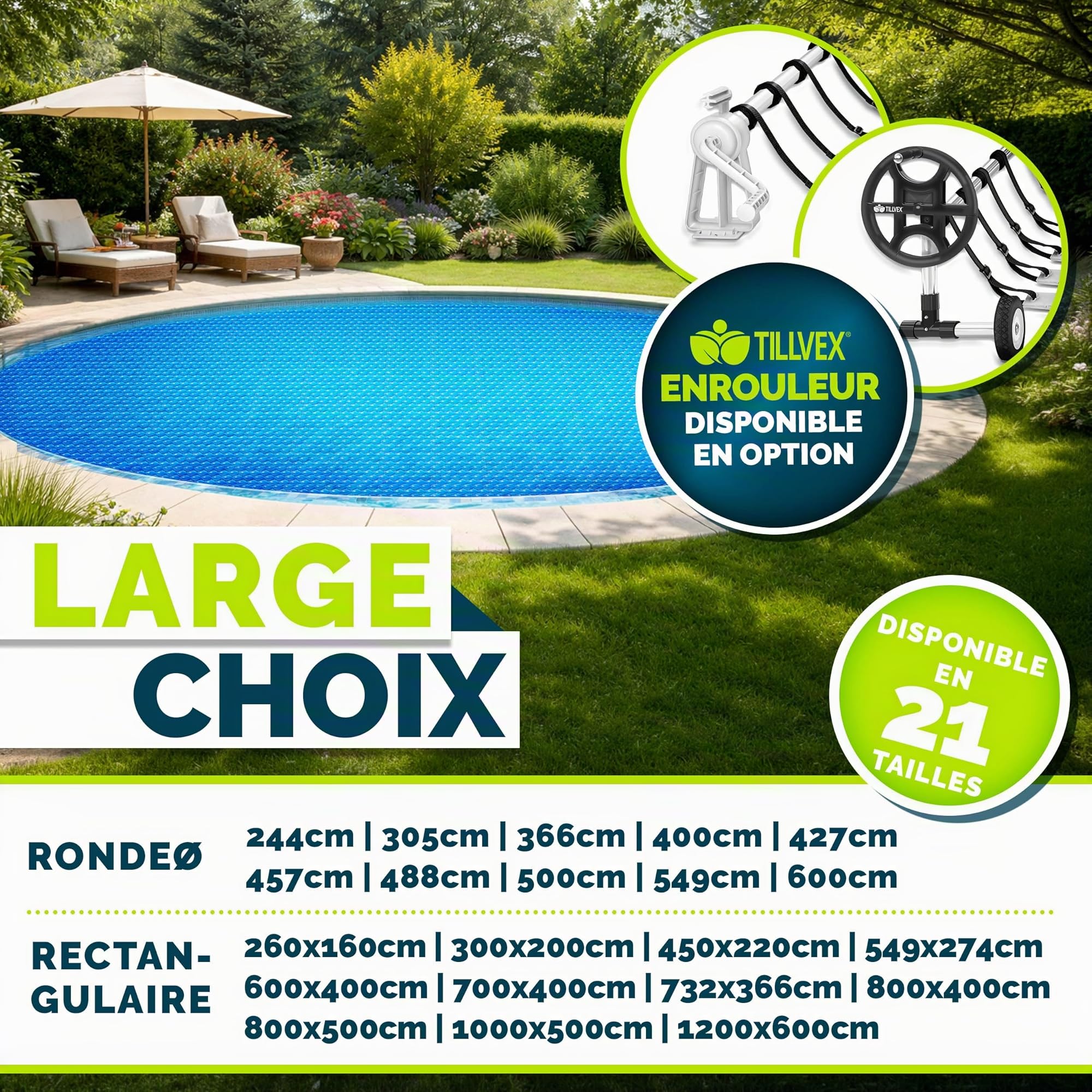 tillvex Bâche à Bulles pour Piscine | Bâche de Protection Solaire de 120 µm d'épaisseur | Découpe individuelle | Chauffage de Piscine pour Eau Chaude (Bleu, 488 cm (Ronde)) | Bâche solaire de piscine pour chauffer l'eau de la piscine - Bâche solaire pour