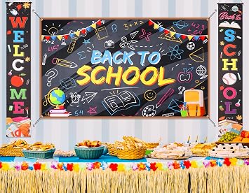Large Welcome Back to School Banner with 72x43 Inch Back to School Back-drop, First Day of School Welcome Back Bulletin Board Sign Teacher Supplies for Pre-School Primary High School Classroom Wall