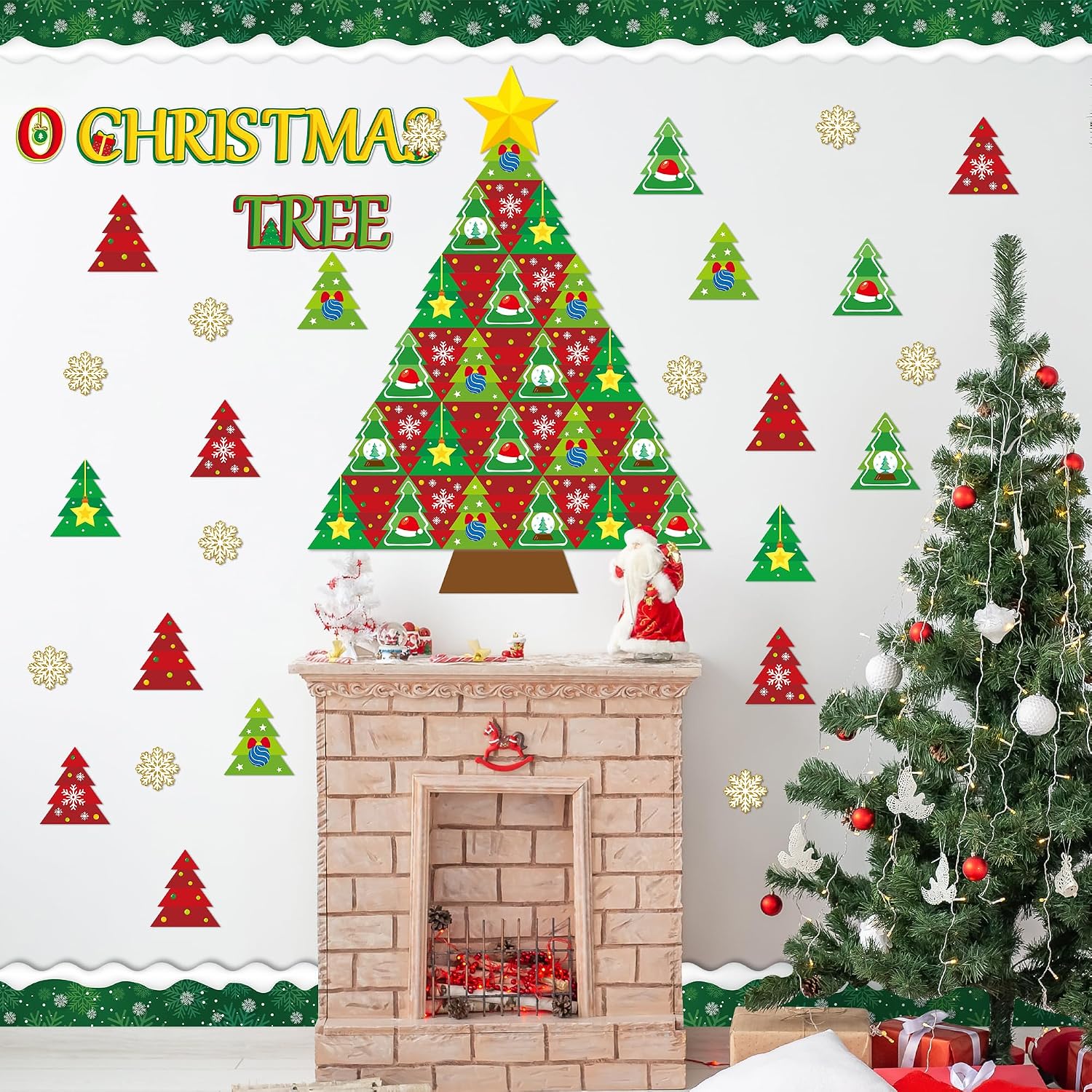 BeYumi Christmas Tree Bulletin Board - 94Pcs Christmas Decoration Set with Green and Red Tree, Snowflake Cutout Border Trim for Winter Xmas School Classroom Chalkboard Holiday Party Decor