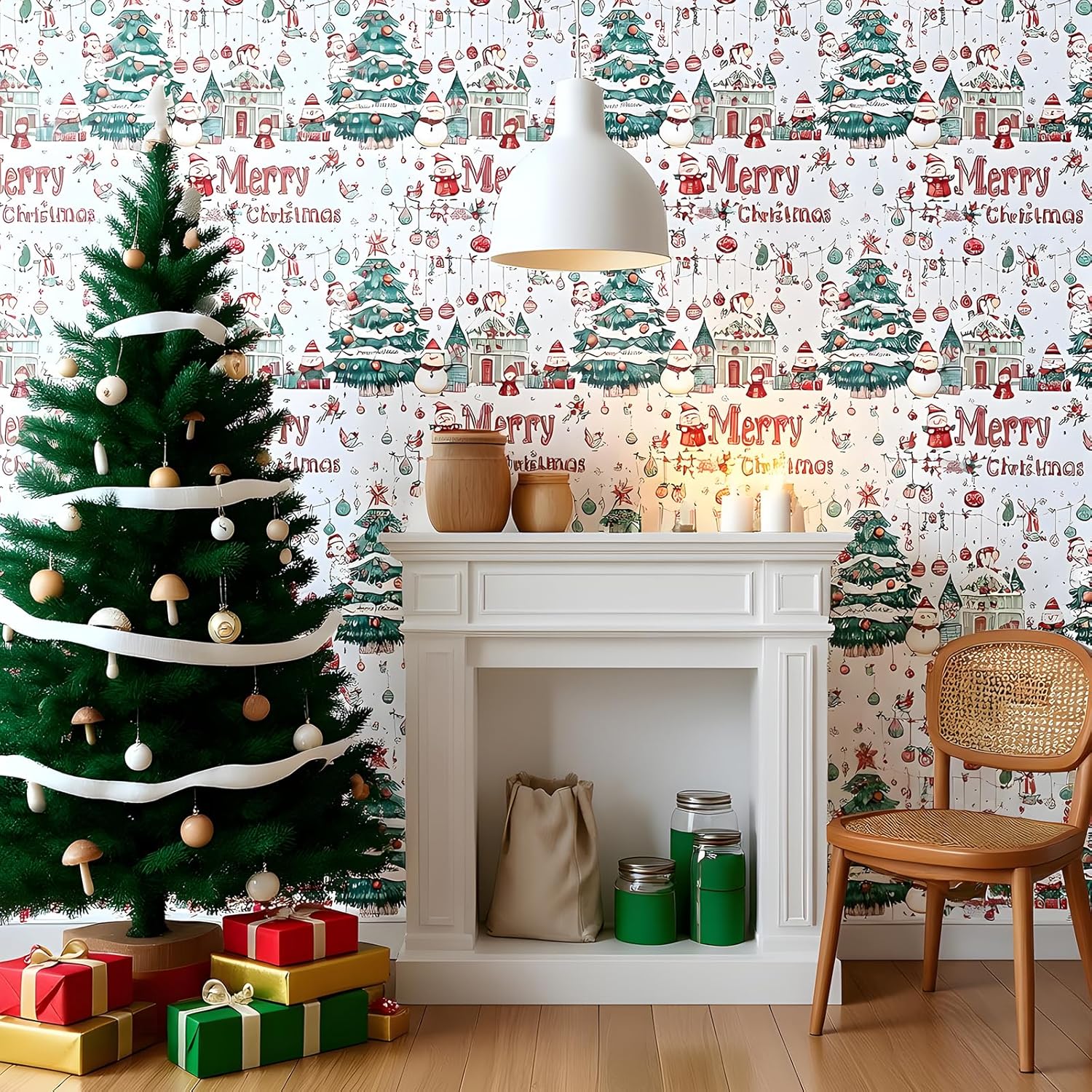 Hopepak Peel and Stick Wallpaper Merry Christmas Pattern with Tree Snowman Contact Paper Removable Self Adhesive Vinyl Christmas Decor Wall Paper for Countertop Cabinets Drawers Furniture 17" x 118"