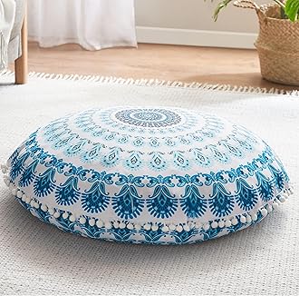 Codi Meditation Floor Pillow, Round Large Pillows Seating for Adults, Bohemian Mandala Circle Cushion for Outdoor Fireplace Yoga Living Room, 32 Inch, Memory Foam Added, Aqua