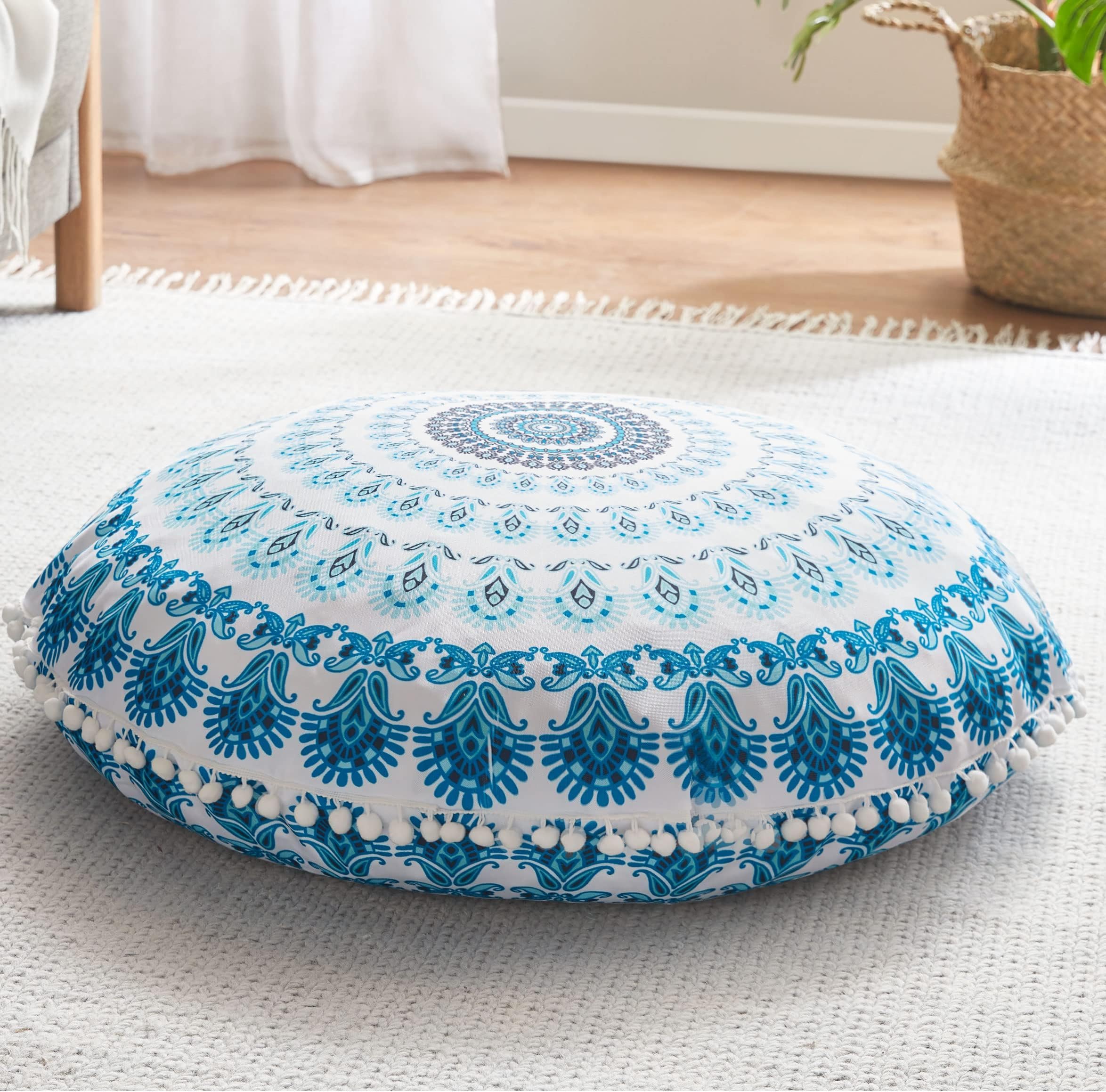 Codi Meditation Floor Pillow, Round Large Pillows Seating for Adults, Bohemian Mandala Circle Cushion for Outdoor Fireplace Yoga Living Room, 32 Inch, Memory Foam Added, Aqua