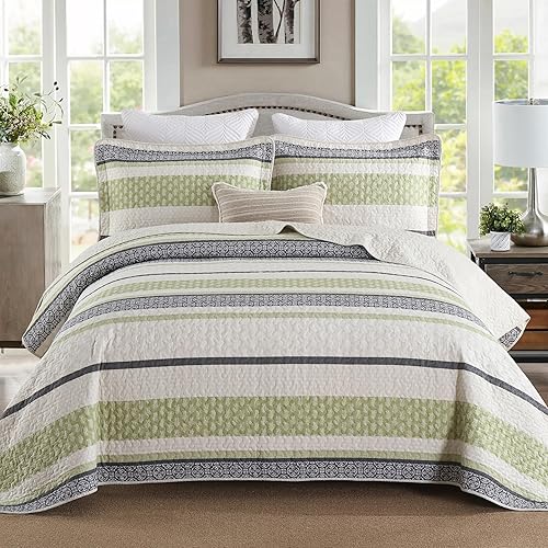 Vista 25 de Homzard - Juego de edredón de algodón a rayas, color gris, tamaño Queen, colcha reversible geométrica con 2 fundas de almohada, ropa de cama ligera