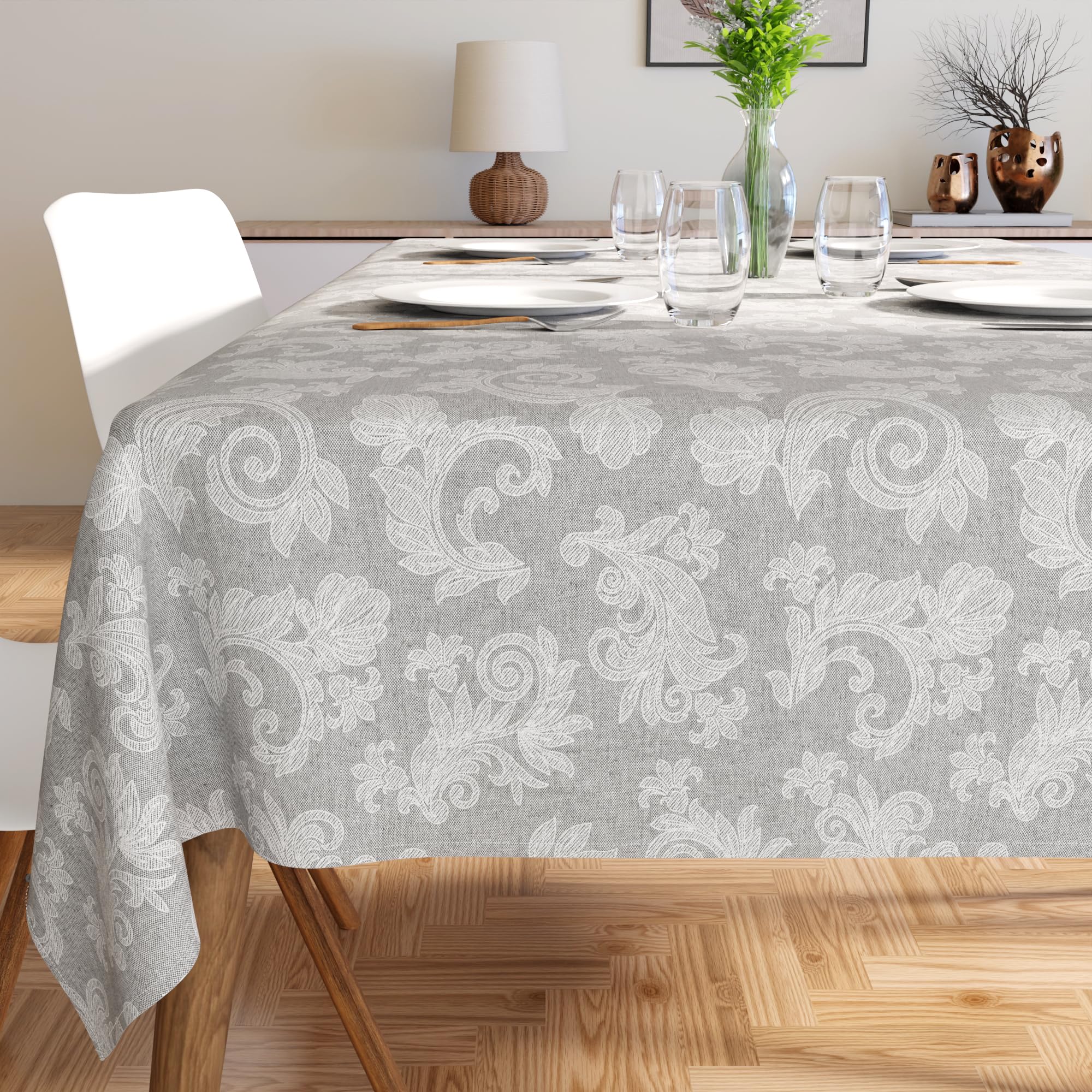 Encasa XO 8 to 10 Seater Dining Table Cloth 145x300 cm (57x118 in) I Floral Grey Jacquard Style Print on Chambray Homespun Cotton I for Family Gatherings Parties I Washable - Image 3