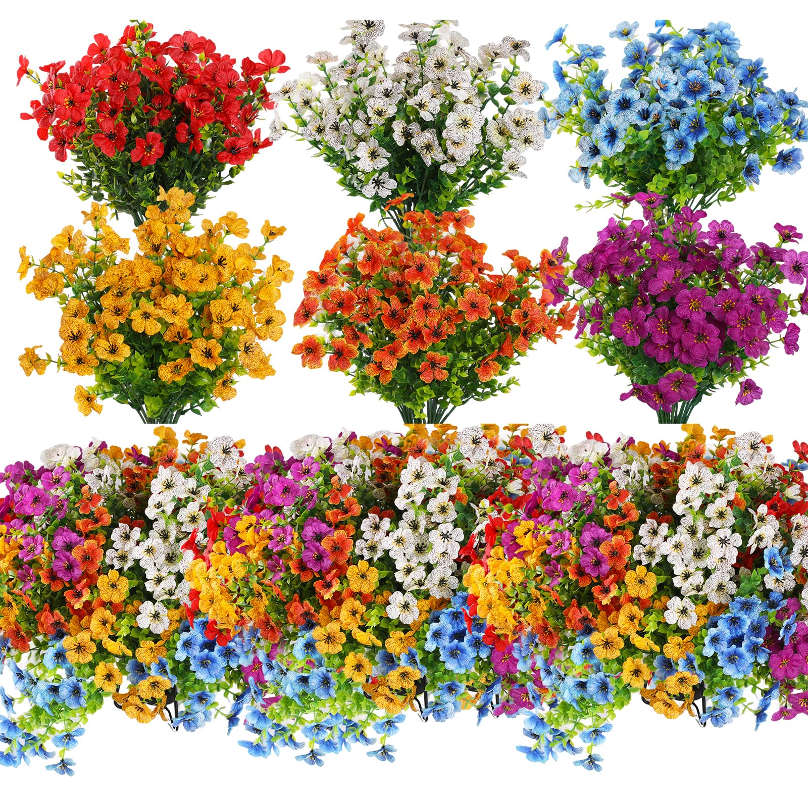 Simpeak 24 Bundles Artificial Flowers for Outdoors Indoor, 6 Colors Fake Flowers for DIY, 13.8" Long Faux Plants for Vase Home Garden Patio Independence Day Decor, Red White Blue Purple Yellow Orange