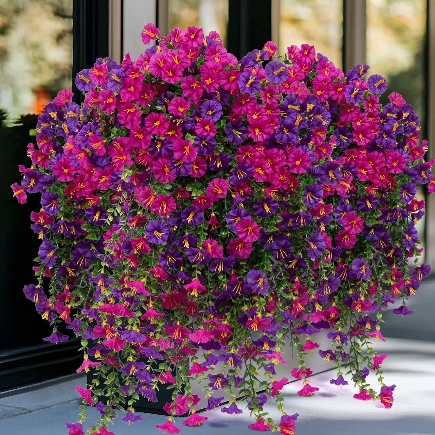 2Pcs Outdoor Faux Hanging Flowers Artificial Morning Glory with Eucalyptus Leaves UV Resistant Look Real Fake Plants for Outside Planter Porch Patio Balcony Yard Decor (Purple & Fuchsia) - Image 4