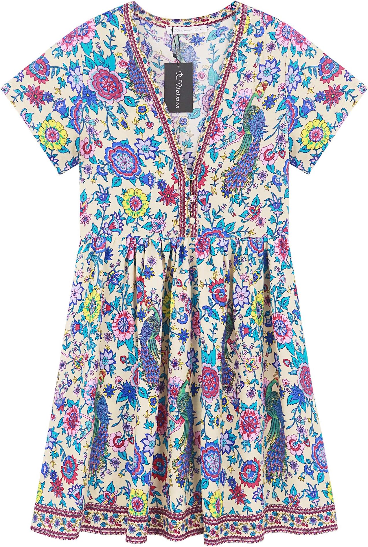 R.Vivimos Women's Short Sleeve Floral Print V Neck Cotton Tunic Dress