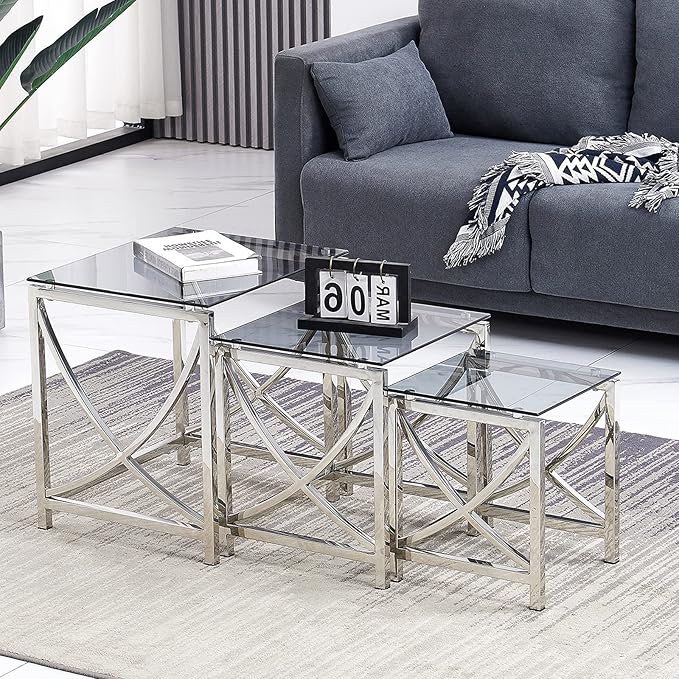 AINPECCA Nest of 3 Coffee Table Modern Sofa Side End Table Tempered