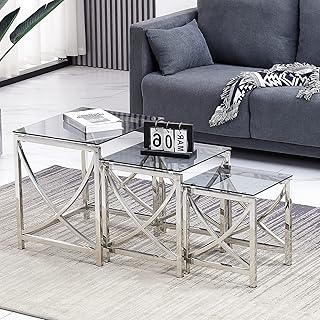 AINPECCA Nest of 3 Coffee Table Modern Sofa Side End Table Tempered glass with Stainless Steel Legs Nesting Tables for Living Room (Grey Glass Type 1)