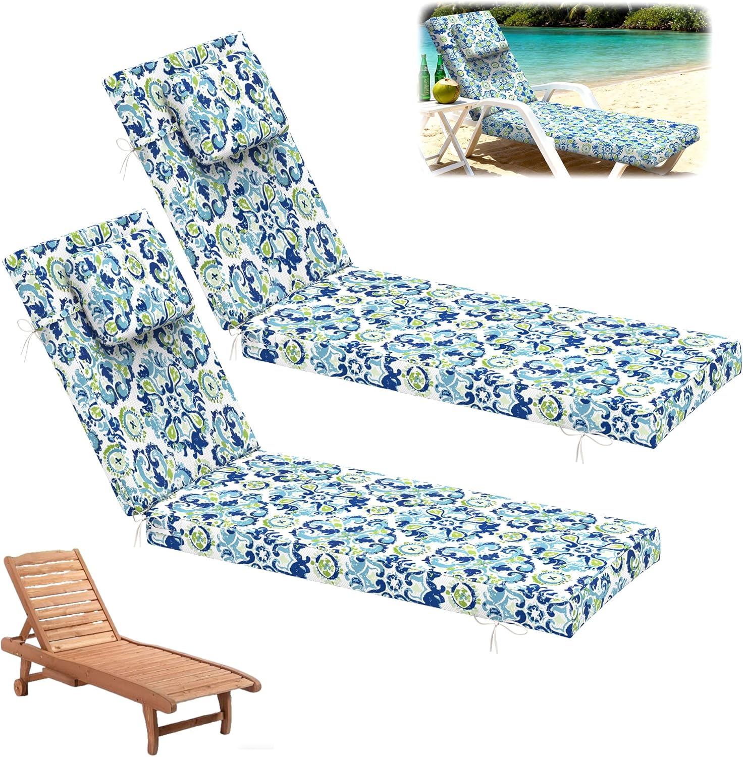 Chaise Lounge Cushion Outdoor 80"x26"x3" Outdoor Chaise Cushions Set of 2,Fade Resistant Pool Chaise Lounge Cushions with Removable Cover for Patio, Pool, Lawn, Ocean