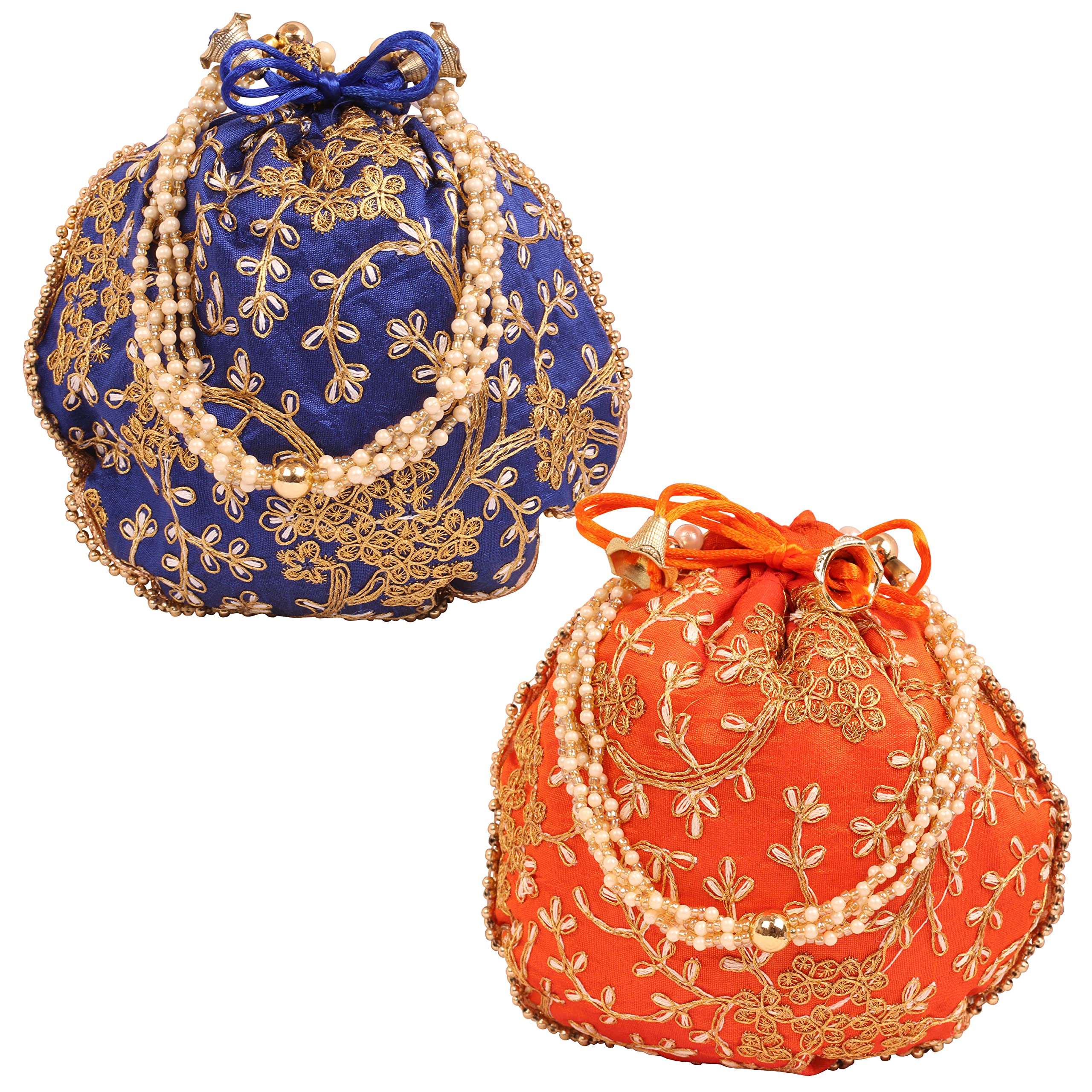 Touchstone NEW! Indian Hand Embroidered Floral Faux Pearls Shopping Gifts Jewelry Wedding Sweet Distribution Drawstring Fancy Blue Orange Color Bags Purses Pouches Set Of 2 For Women.