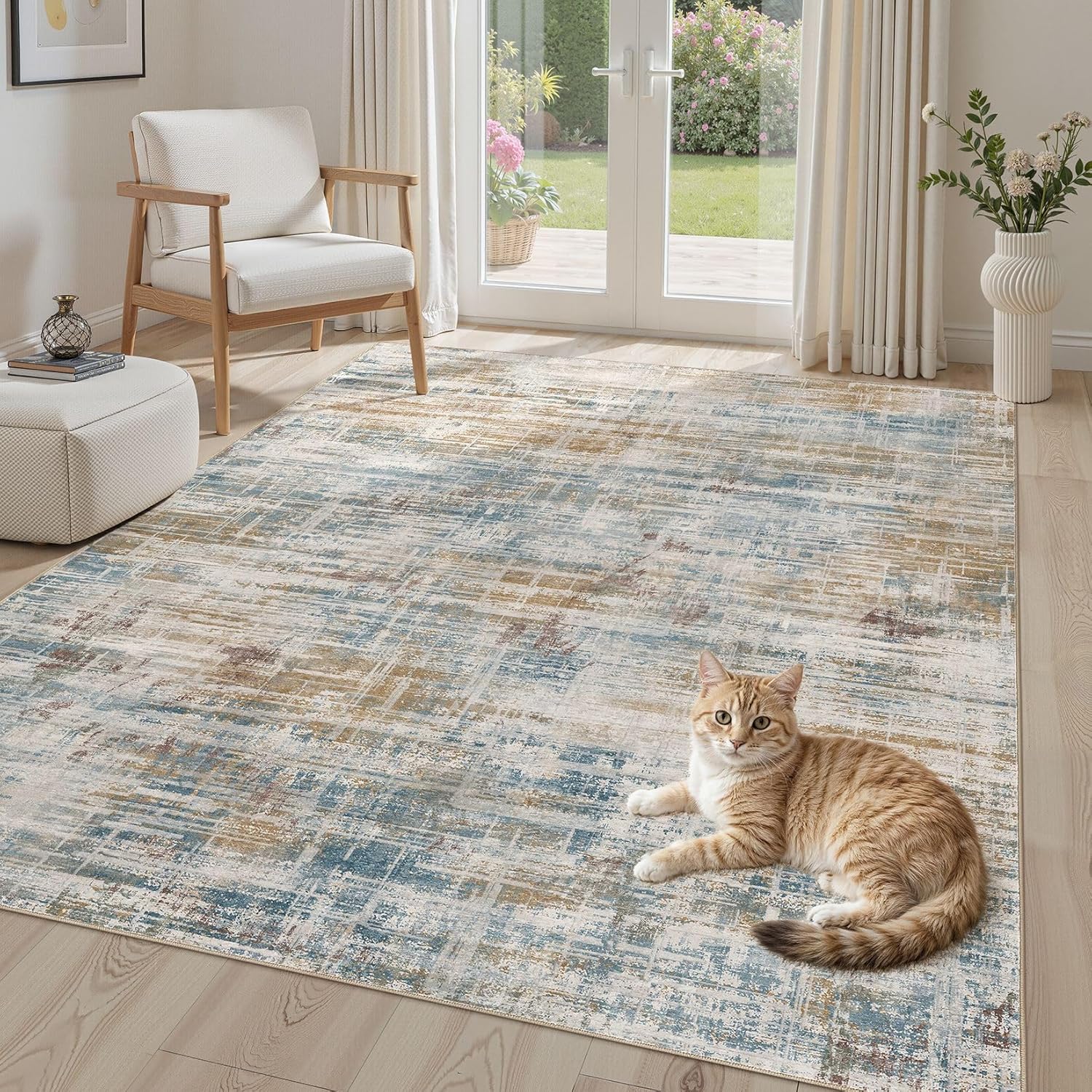 Area Rug for Living Room 5x7 Washable Neutral Abstract Modern Soft Rugs Non Slip Indoor Floor Stain Resistant