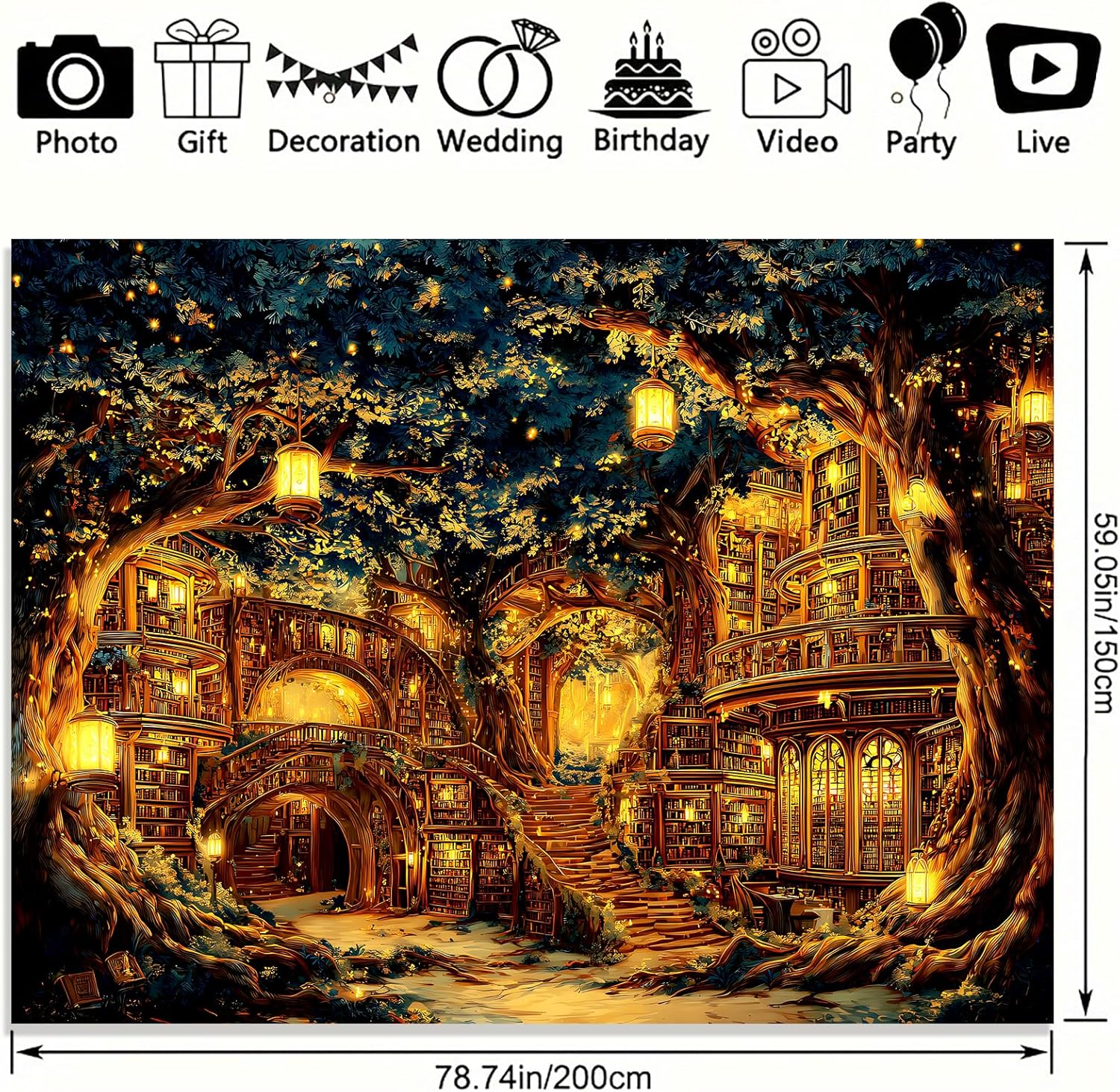KKYEJLQYI Forest Library Tapestry Tree Bookshelf Tapestries Wall Hanging Vintage Fantasy Fairy Treehouse Tapestry for Bedroom, Living Room 78.74×59.05 inch (Treehouse)