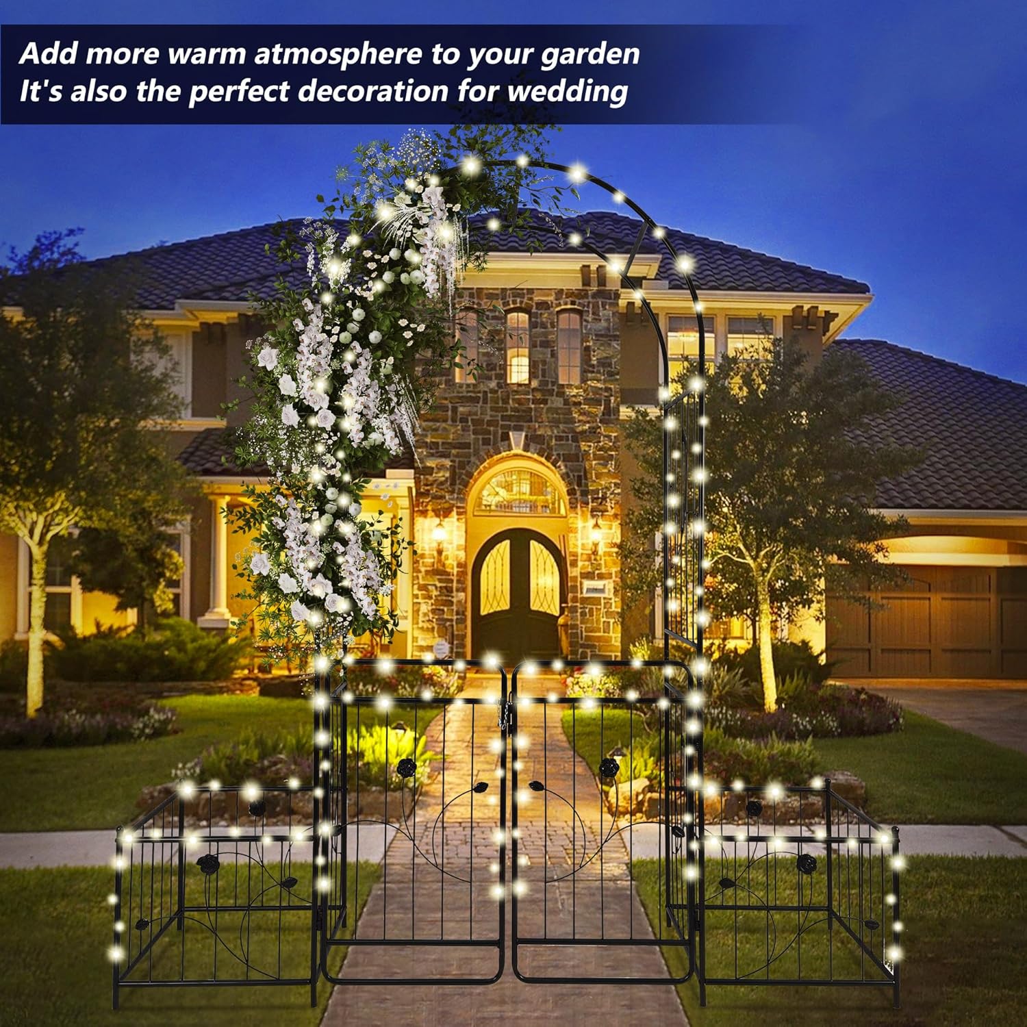 Metal Garden Arbor Arch with Gate and Plant Box Climbing Plants Outdoor Plant Support Rose 86.6''H Arch Outdoor Lawn Wedding Party Events Archway, Black