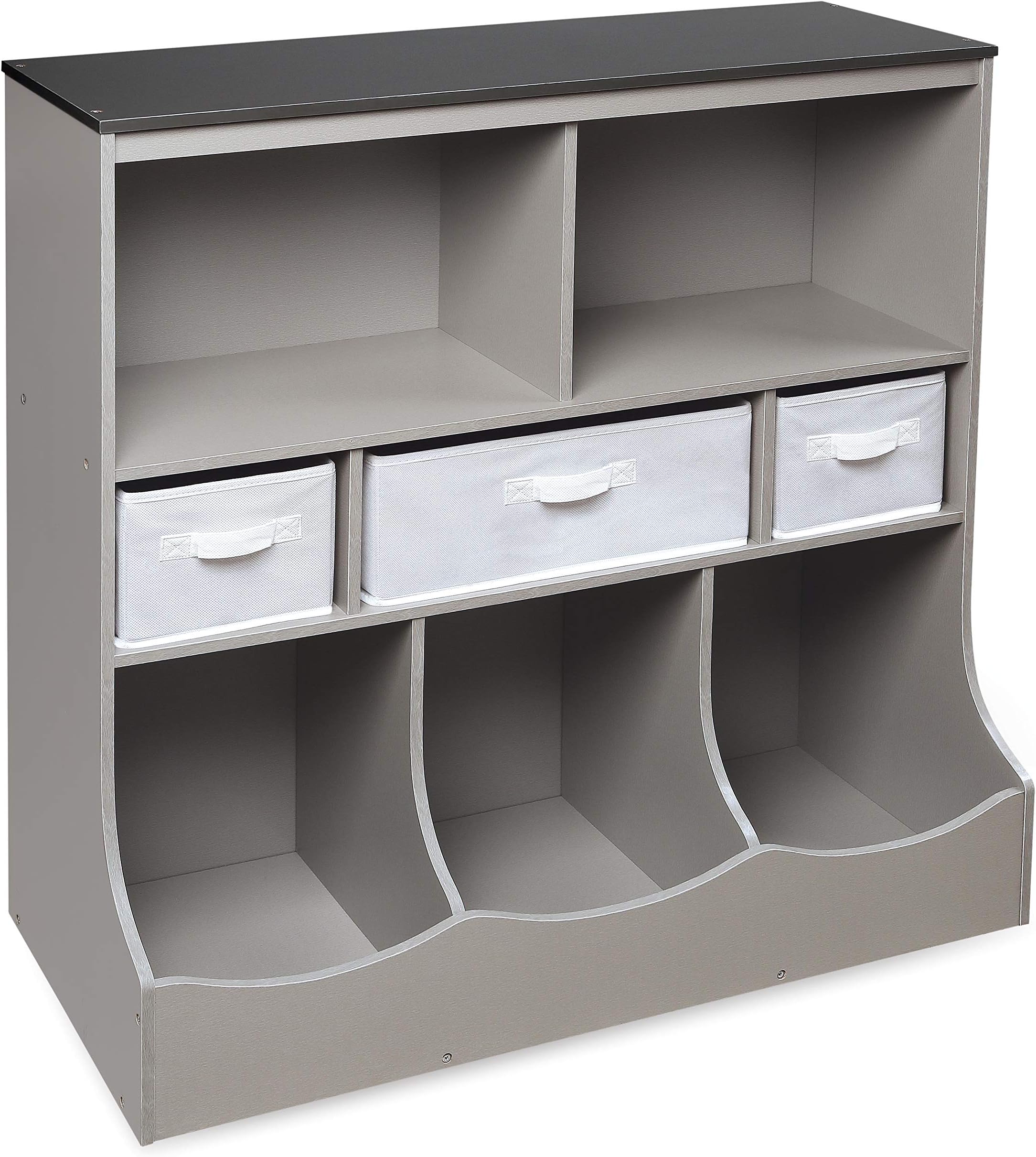 Badger Basket Combo Toy Storage Organizer and Bookshelf - Kids Storage Unit with 3 Removable Baskets, Open Shelves, Top Display Surface - Woodgrain and Gray