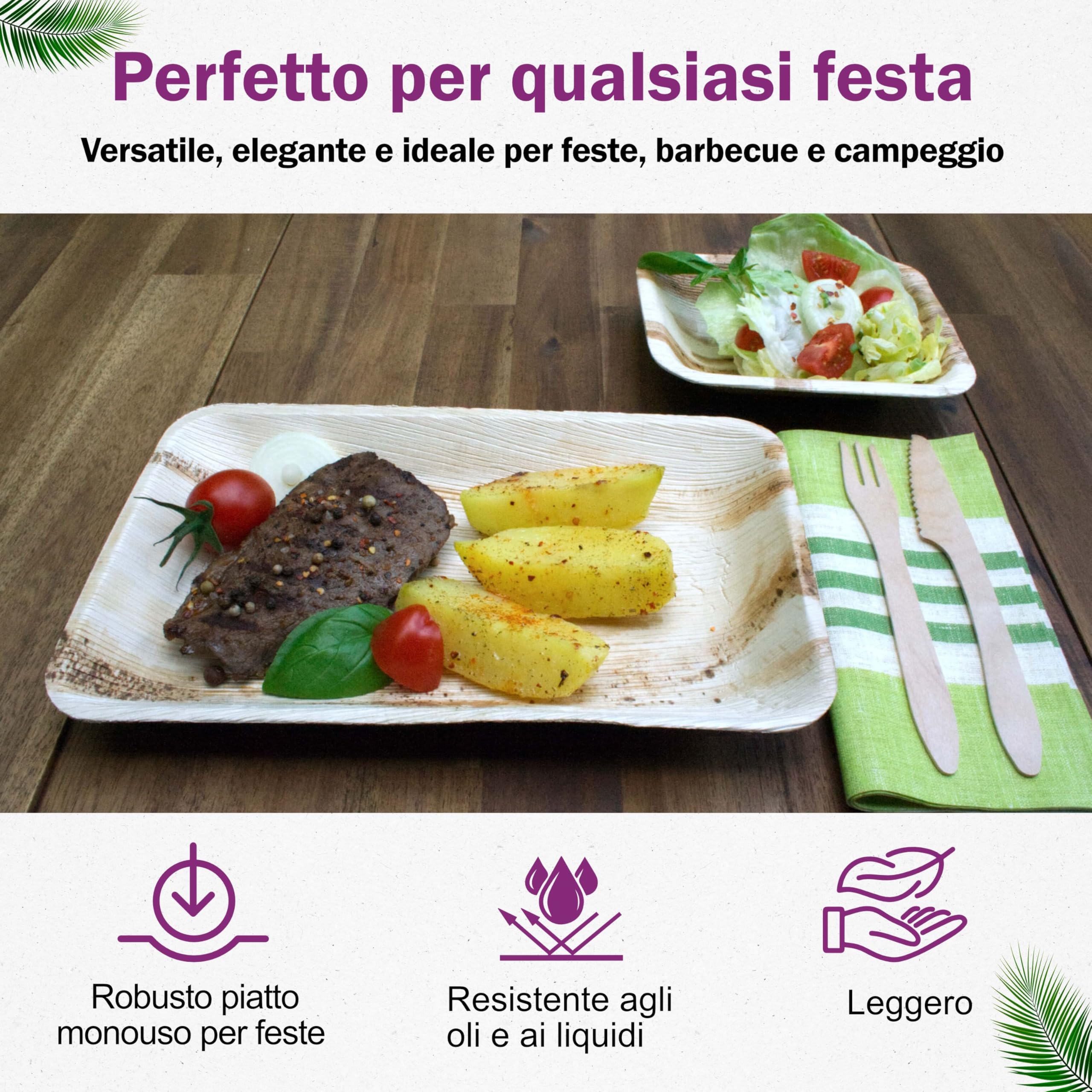 Piatti in Foglia di Palma Ecologici - 25 Pz Rettangolari 28x18 cm - Stoviglie usa e getta Biodegradabili Eleganti - Leggeri e Resistenti - Naturali e Compostabili - Simile al Bamboo e Legno