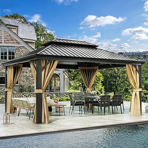 DWVO 12x16ft Hardtop Gazebo Double Roof with Nettings and Curtains, Heavy Duty Galvanized Steel Outdoor Vertical Stripes Roof for Patio, Backyard,