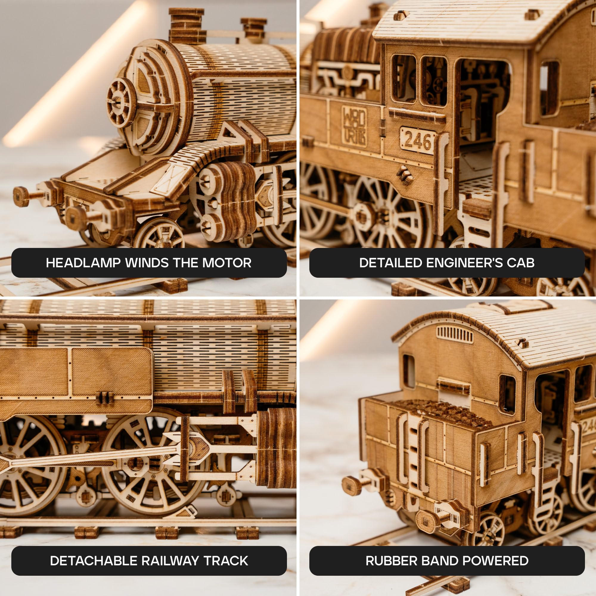 Wood Trick Grand Traveler 246 drewniany zestaw pociągów z koleją - przejażdżki do 6 m - zestaw modeli lokomotywy - drewniane puzzle 3D dla dorosłych do budowania - inżynieryjne modele DIY