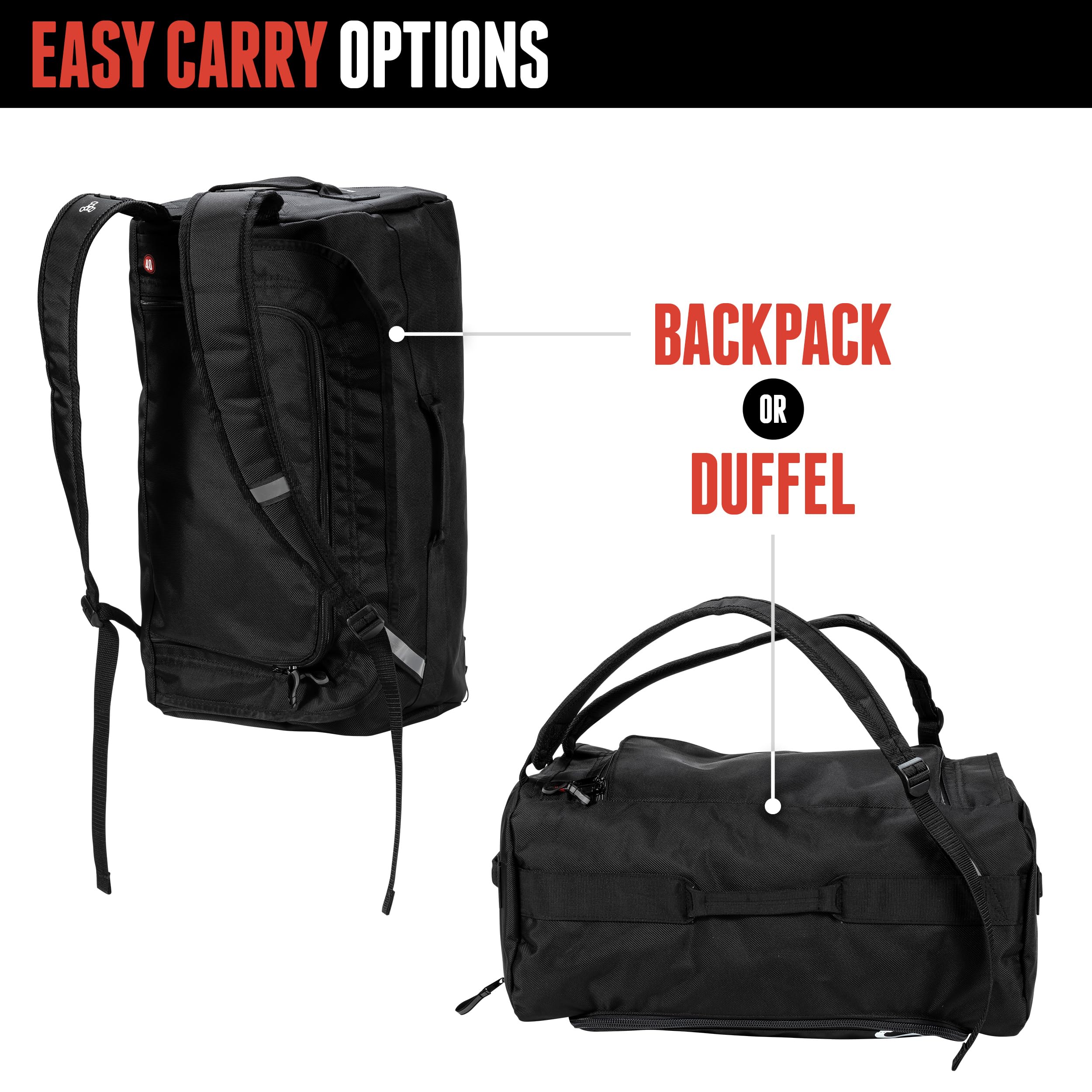Triple Eight 40L GEAR40 Duffelpack, Schwarz - Mehrzweck-Ausrüstungstasche für Skateboarden, Rollschuhlaufen und andere Actionsportarten