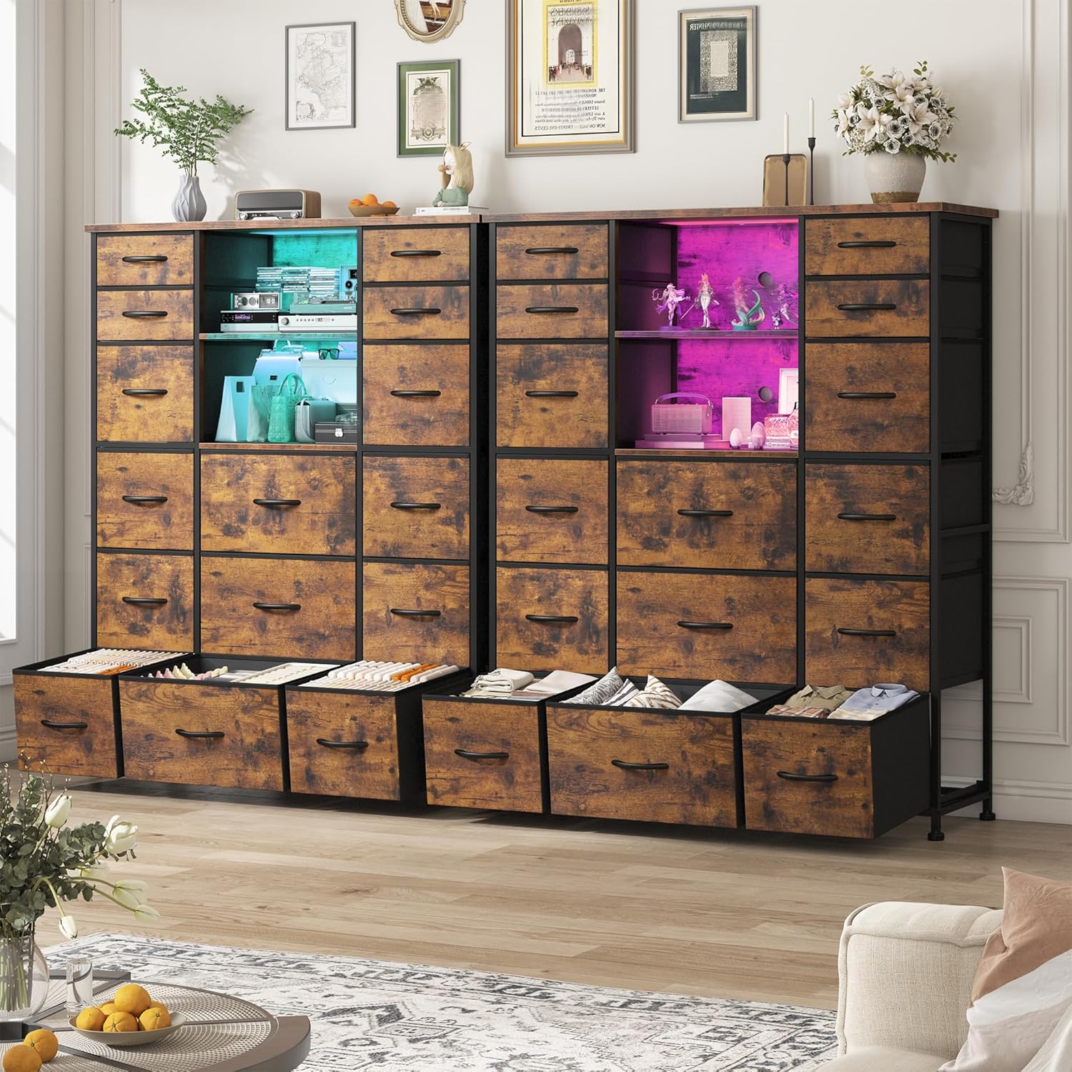 EnHomee 51" H Dresser with 15 Drawers Dresser for Bedroom with Charging Station & LED Lights & Hutch Sturdy Fabric Bedroom Dressers, Steel Frame, Wood Top, Rustic Brown, 51.2" H x 39.3" W x 11.8" D
