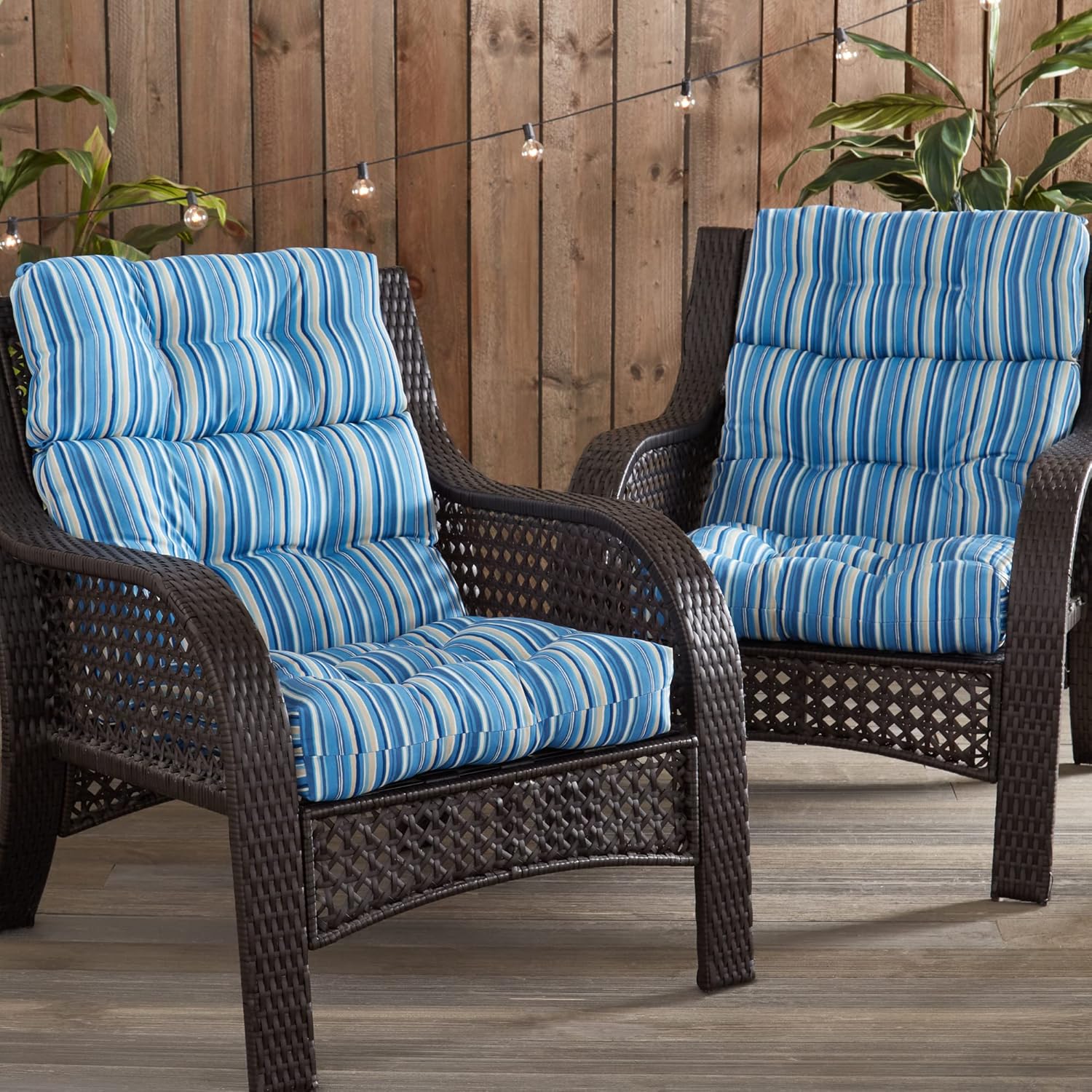 South Pine Porch Outdoor High-Back Chair Cushion (Set of 2), Sapphire Stripe
