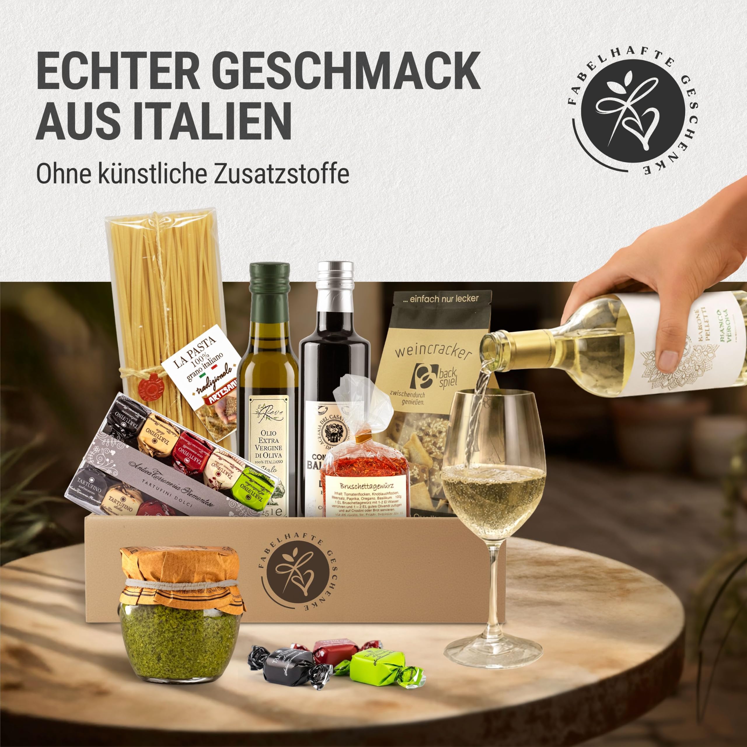 Geschenkkorb Bella Italia gefüllt mit Weißwein und italienischer Feinkost- Präsentkorb mit Olivenöl, Aceto Balsamico, Pasta, Pesto, Tartufini | mit "HERZLICHEN GLÜCKWUNSCH" Banderole