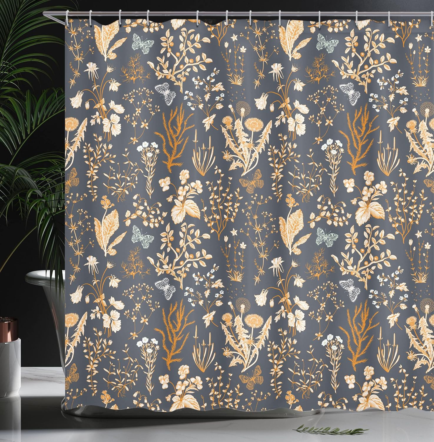 Ambesonne Floral Shower Curtain, Vintage Garden Plants Herbs Flowers Botanical Classic Design Illustration, Cloth Fabric Bathroom Decor Set with Hooks, 69" W x 84" L, Orange and Dark Blue Grey