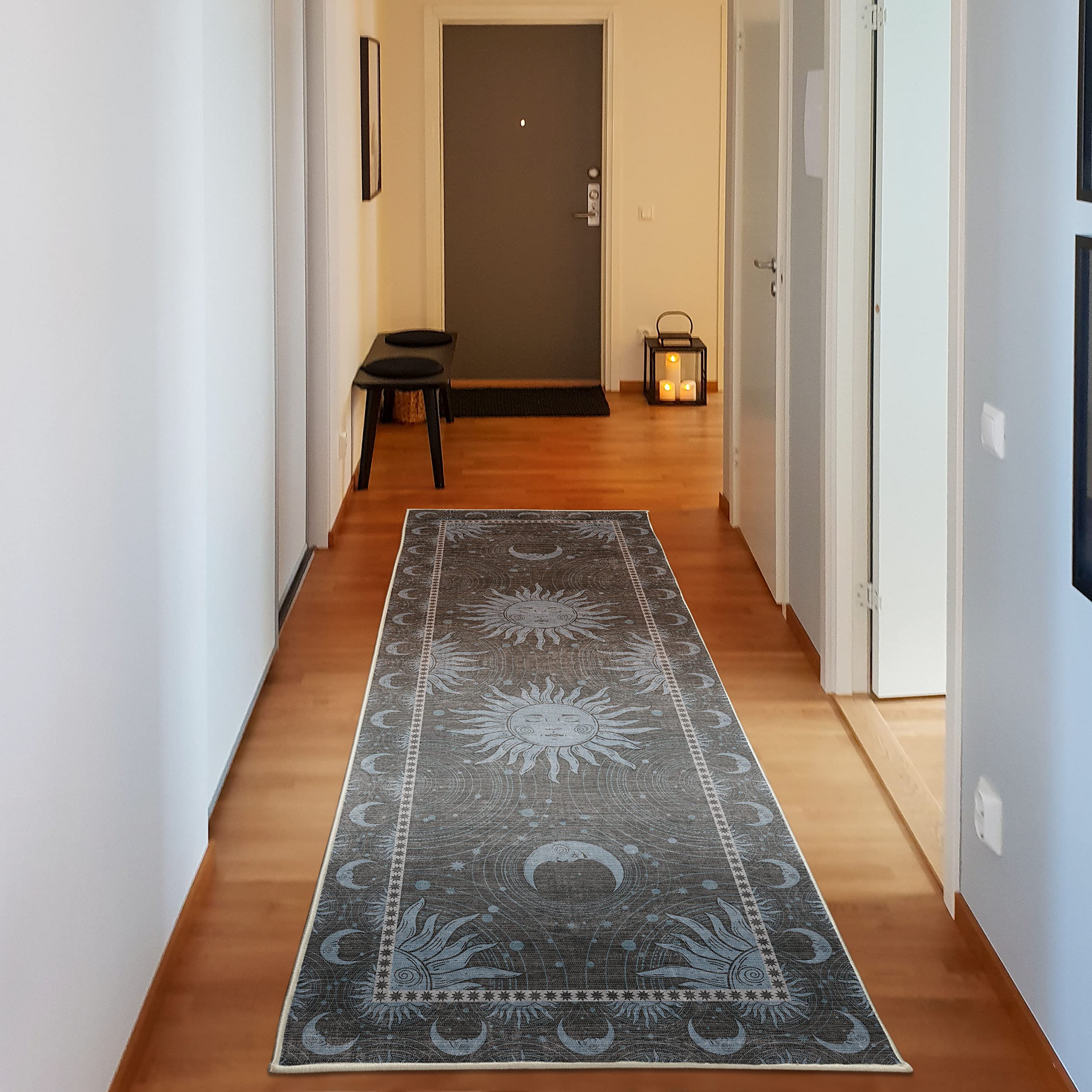 Ambesonne Sun and Moon Decorative Rug, Bohemian Artwork Design of Crescent Solar Ornament Esoteric Stars Ornaments, Quality Carpet for Bedroom Dorm and Living Room, 2' 5