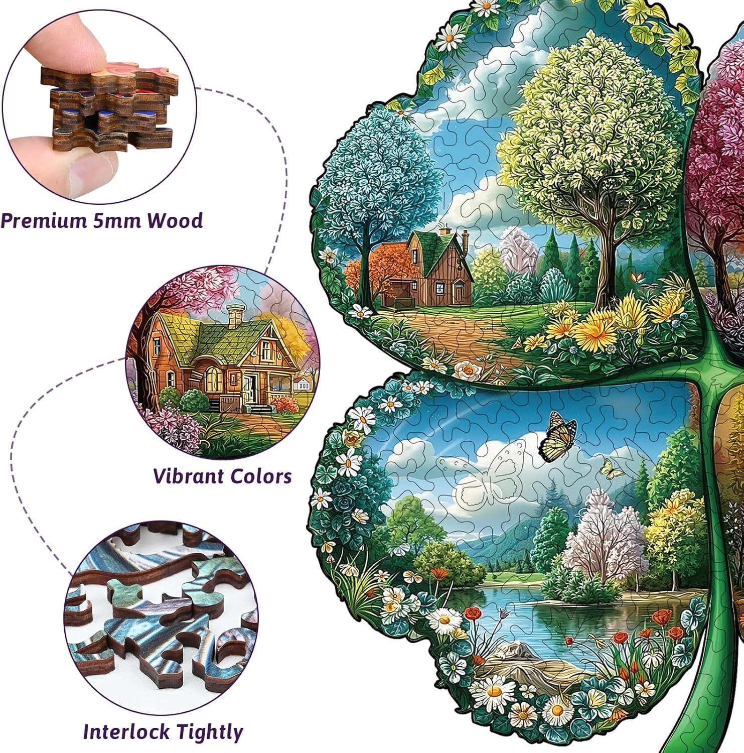Wooden Jigsaw Puzzle for Adults - 244 Pieces Four Seasons Clover Landscape Puzzles, Premium Wooden Puzzle with Unique Animal Shapes, Artistic Brain Teaser Puzzles Gift for Adults (Shamrock)